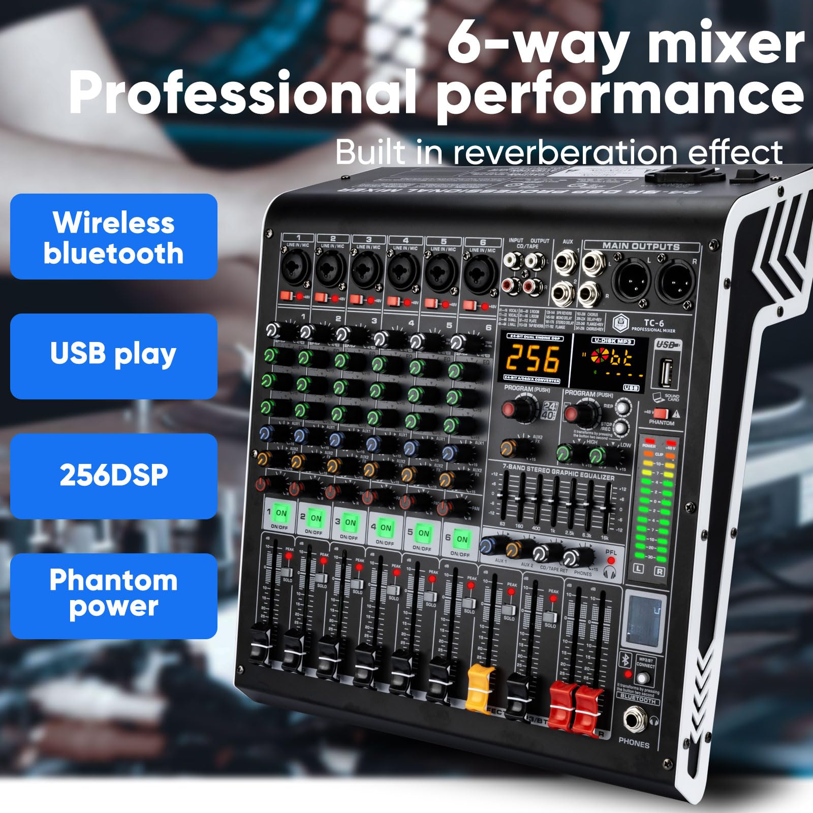Professioneller 6-Kanal Audio-Mixer mit MP3-Player, Bluetooth, 48 V Phantomspeisung, USB-Aufnahme