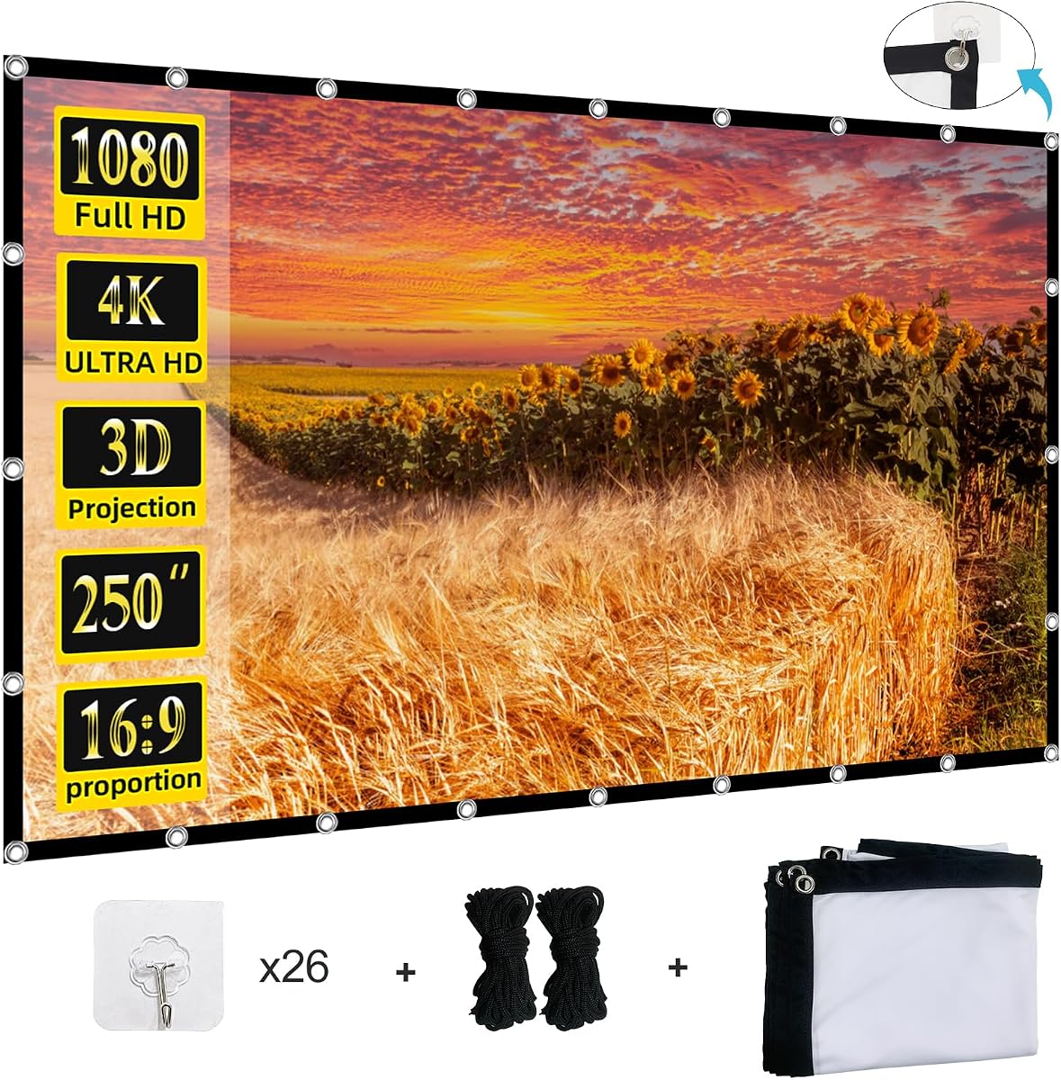 Projector Screen 250 inch, XINLEMY Large 4K HD 16:9 Foldable Portable Projection Cinema Screen Washable Double-Sided Video Projector Screen Suitable for Backyard Partying