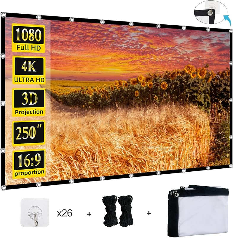 Projector Screen 250 inch, XINLEMY Large 4K HD 16:9 Foldable Portable Projection Cinema Screen Washable Double-Sided Video Projector Screen Suitable for Backyard Partying
