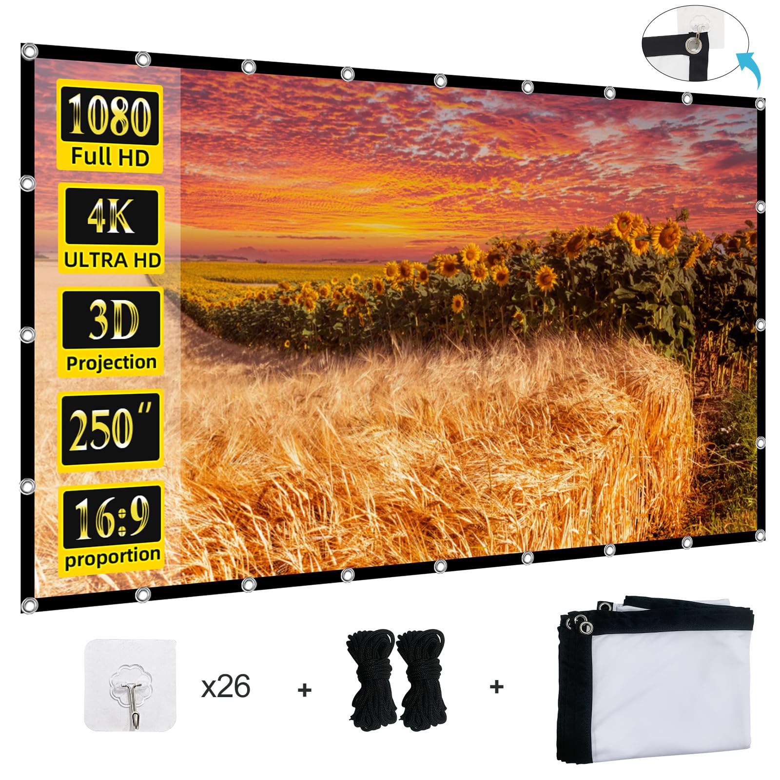 Projector Screen 250 inch, XINLEMY Large 4K HD 16:9 Foldable Portable Projection Cinema Screen Washable Double-Sided Video Projector Screen Suitable