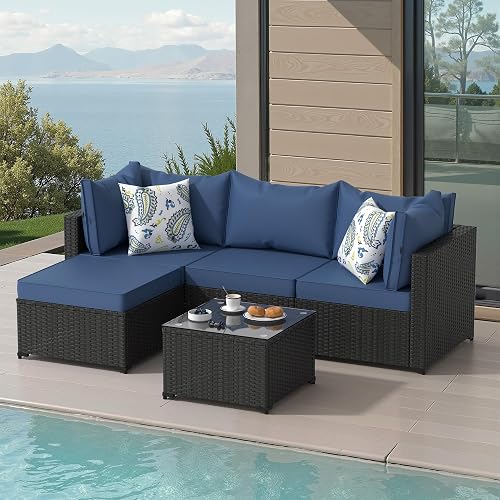 Patio Furniture Set, 5PCS Outdoor Sectional w/ Ottoman & Cushion, Navy Blue | Wicker Rattan Patio Furniture Modular Wicker Patio Conversation Set with Glass Top Table Balcony, Backyard