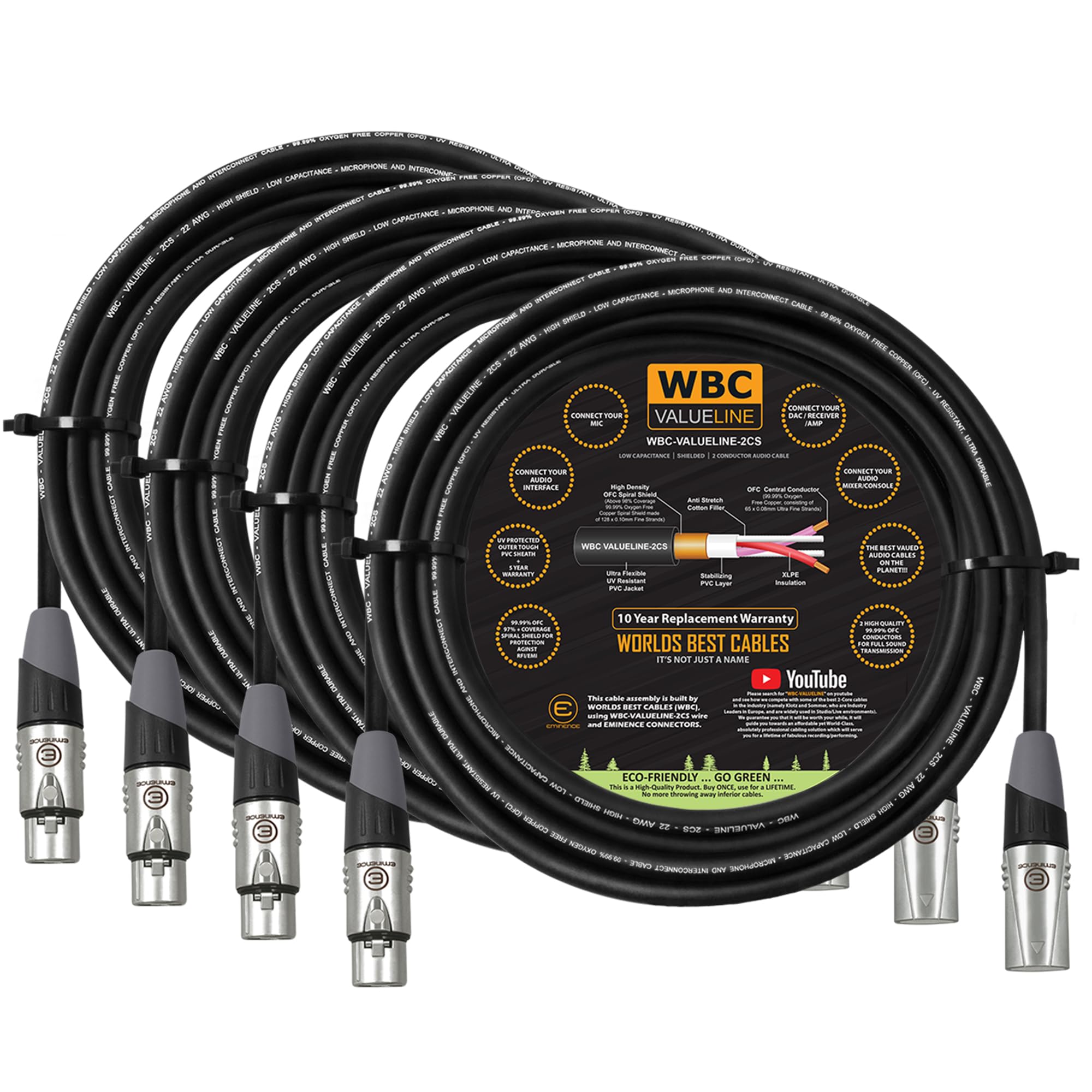 WBC-VALUELINE-2CS (22 AWG) - 4 unità - Microfono flessibile bilanciato schermato a bassa capacitanza, altoparlanti attivi e cavi di interconnessione con connettori XLR Eminence Gold