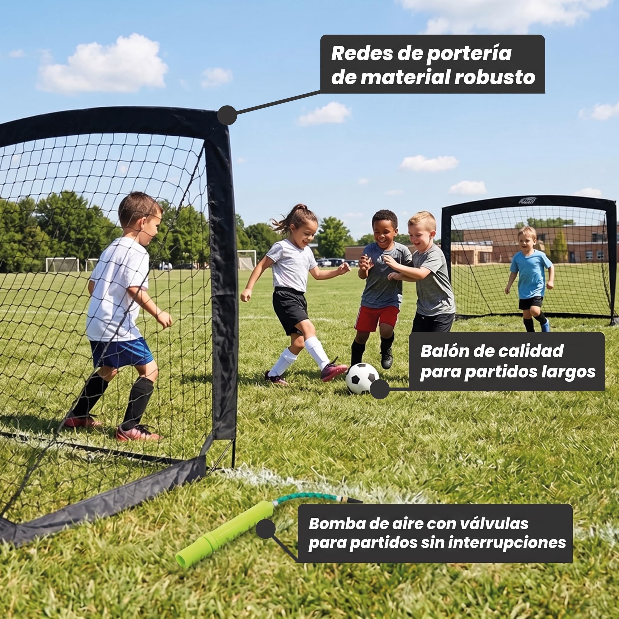 KYTO Set Portería Fútbol Niños con Red - 2 Porterías 90x120 cm | Incluye mini balón, bomba y anclajes - portería metálica portátil para jardín, parque o entrenamiento