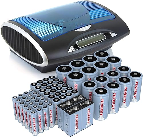 Tenergy Paquete de 68 baterías recargables con cargador, 24 pilas AA 24 x AAA 8xC 8xD recargables con cargador, ideal para electrónica doméstica
