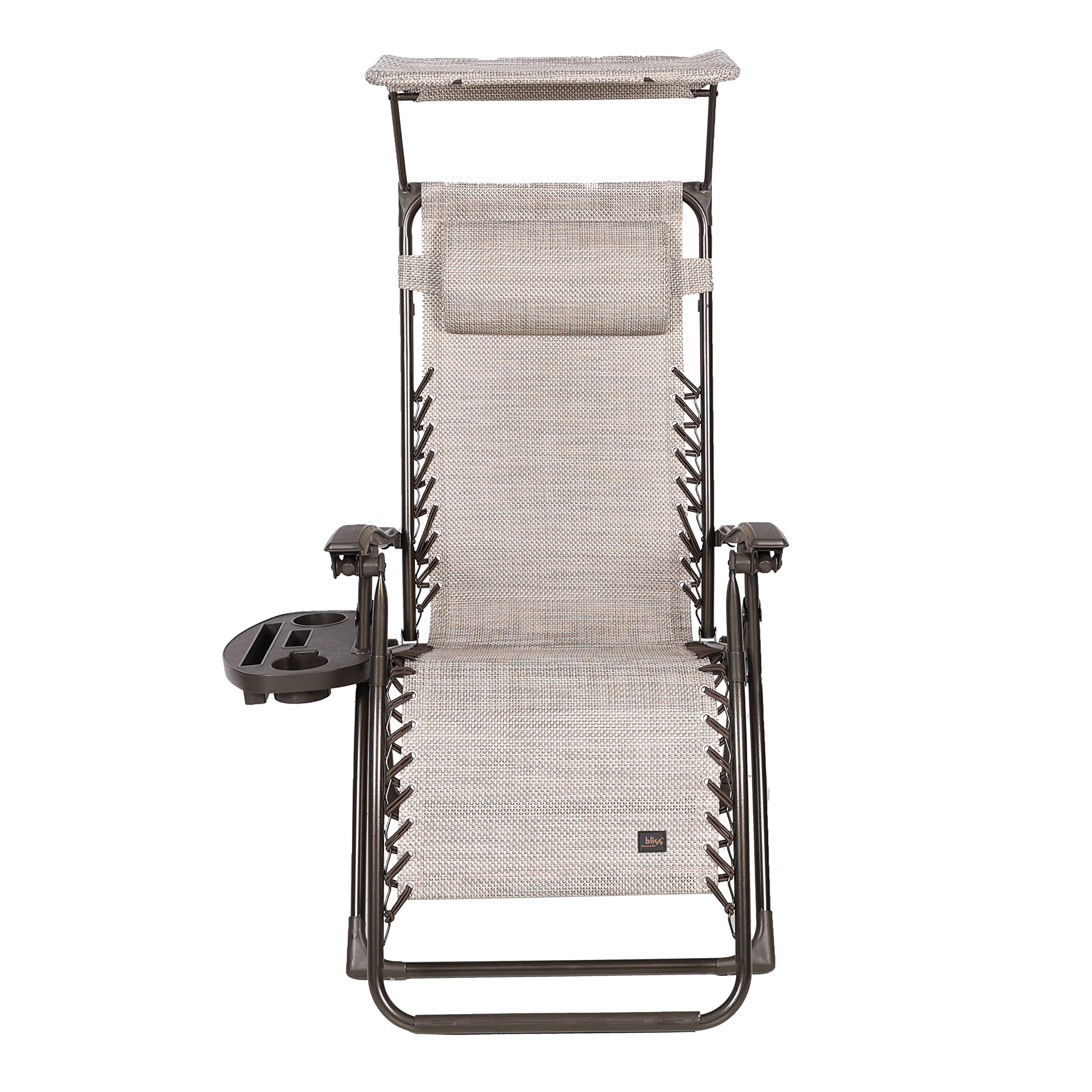 Bliss Hammocks Set of 2 Zero Gravity Chairs, w/Canopy, Pillow and Side Tray, 26" W, Foldable, Adjustable Lounge Recliner, Outdoor Lawn & Patio, Weather Resistant, 300 lbs Capacity, Sand