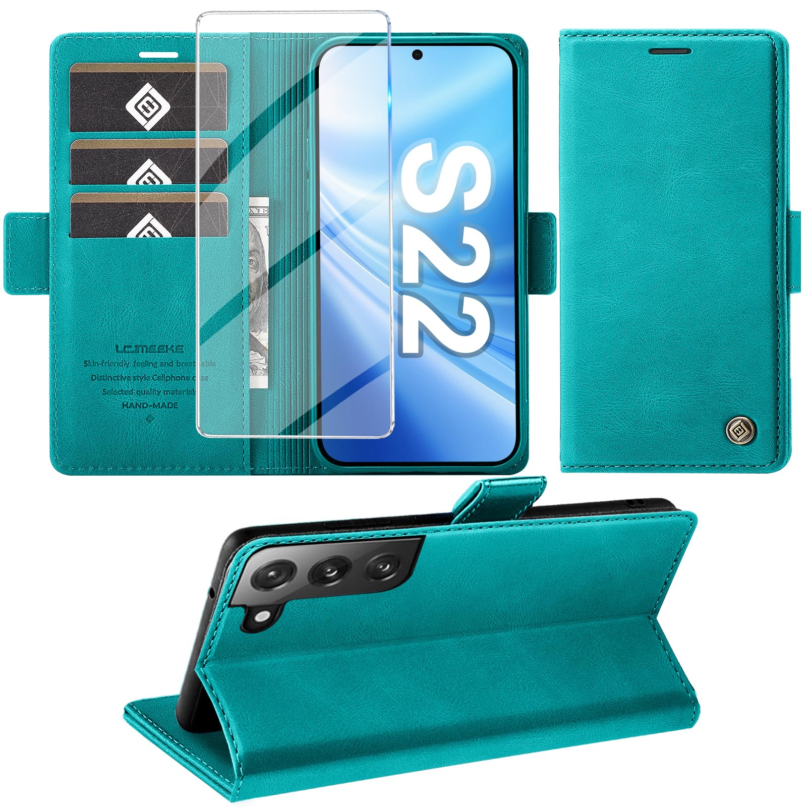 Giyer Handyhülle für Samsung Galaxy S22 5G Hülle mit Schutzfolie, Standfunktion Kartenfach Wallet Premium Leder Schutzhülle Flip Case Cover Stoßfeste Klapphülle für Samsung S22 5G 6,1 Zoll