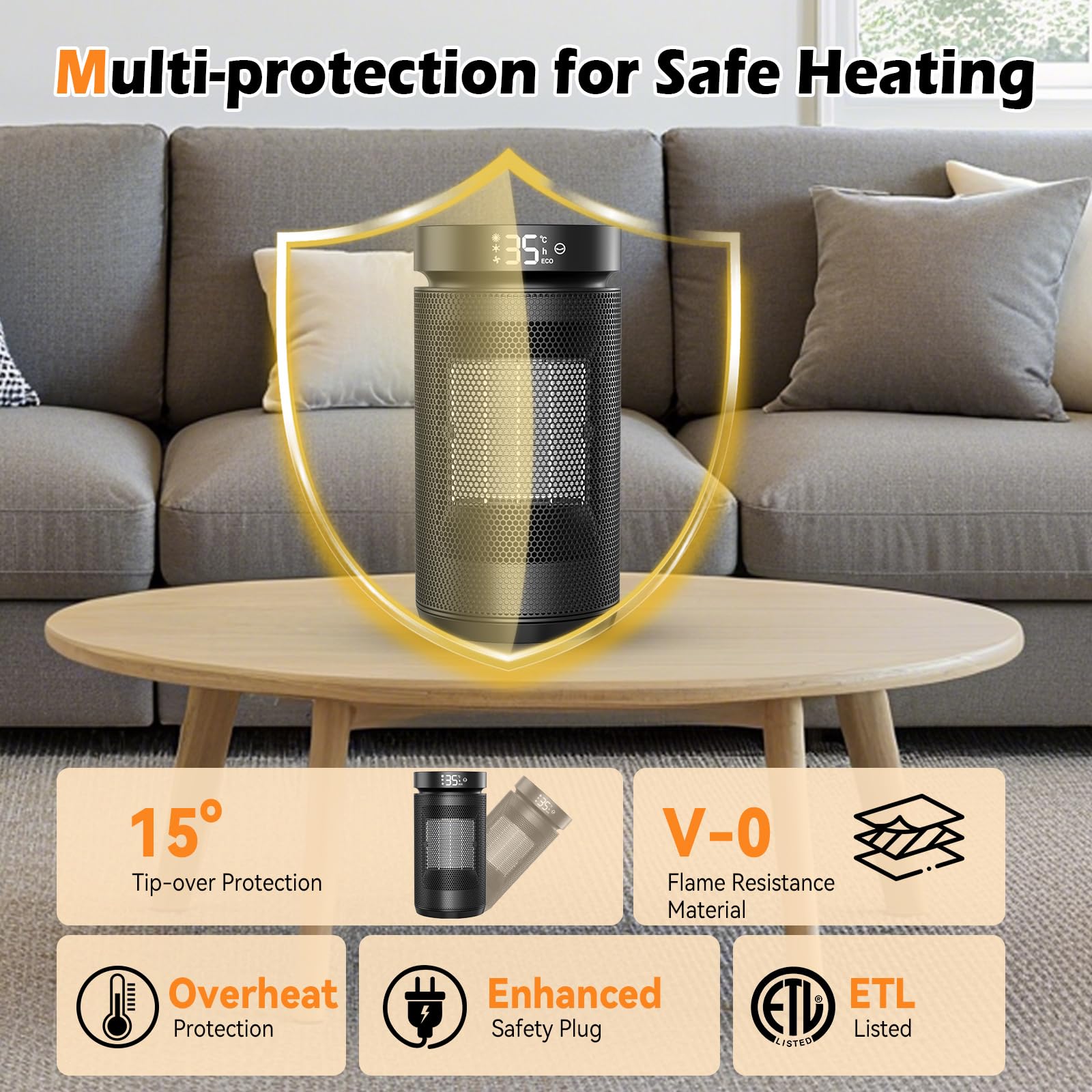 Electric Heater, 1500W Energy Efficient Fan Heater with Thermostat, 70° Oscillating Remote Control, Silent Ceramic Fan - Image 4