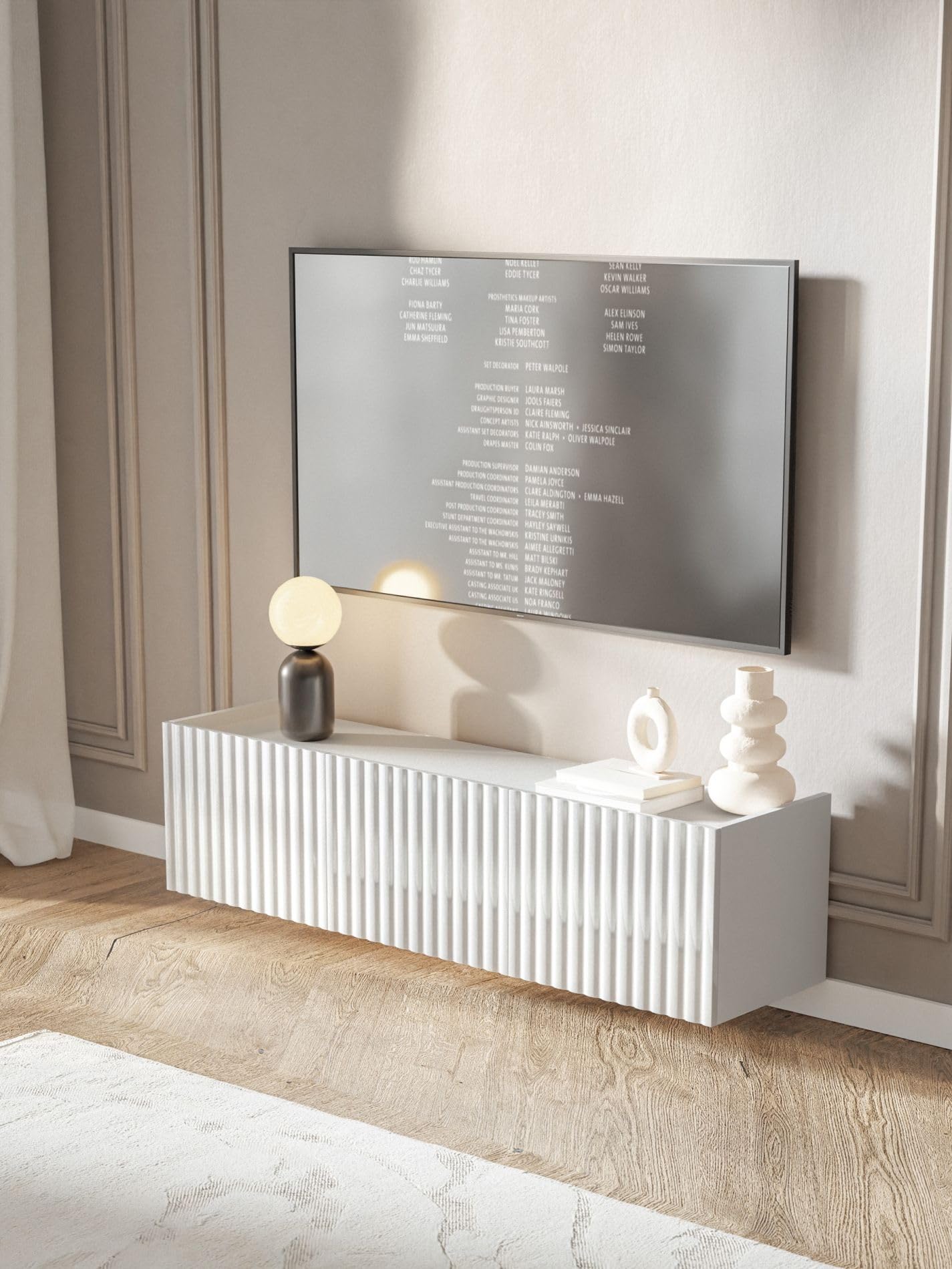 Selsey TV Lowboard Weiß Modernes Hängendes TV-Board 144 cm Hochglanz MDF-Fronten & Laminierter Korpus Push-to-Open-System Ideal für Wohnzimmer Skandinavisches Design