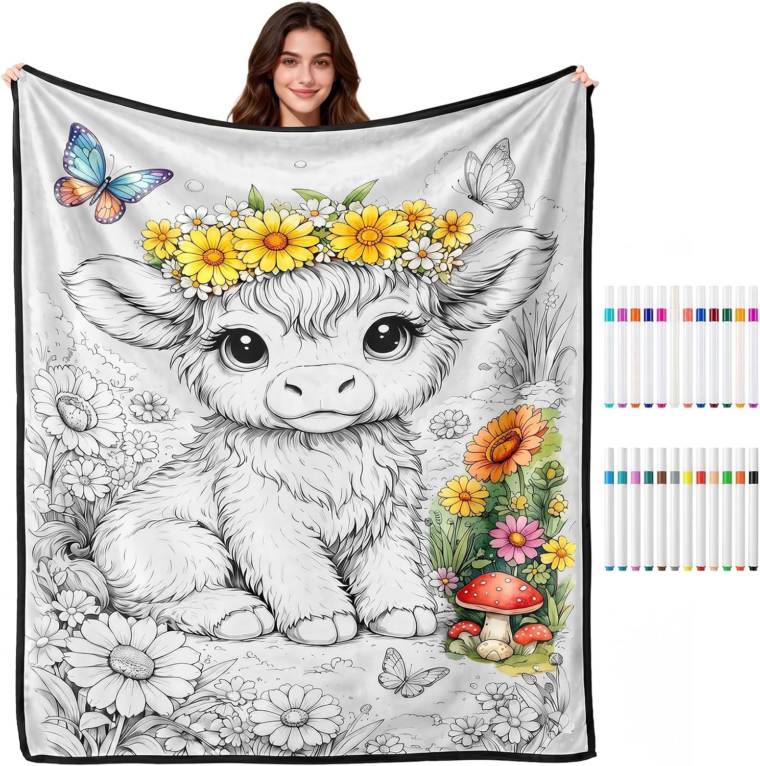 NIHUIFDPY DIY Coloring Blanket with 24 Color Marker for Adult 150x127cm Double Sided Colour Your Own Throw Blanket Arts and Crafts Activity Set Personalised Soft Velvet Throw‌ Home Decor(Style 4)