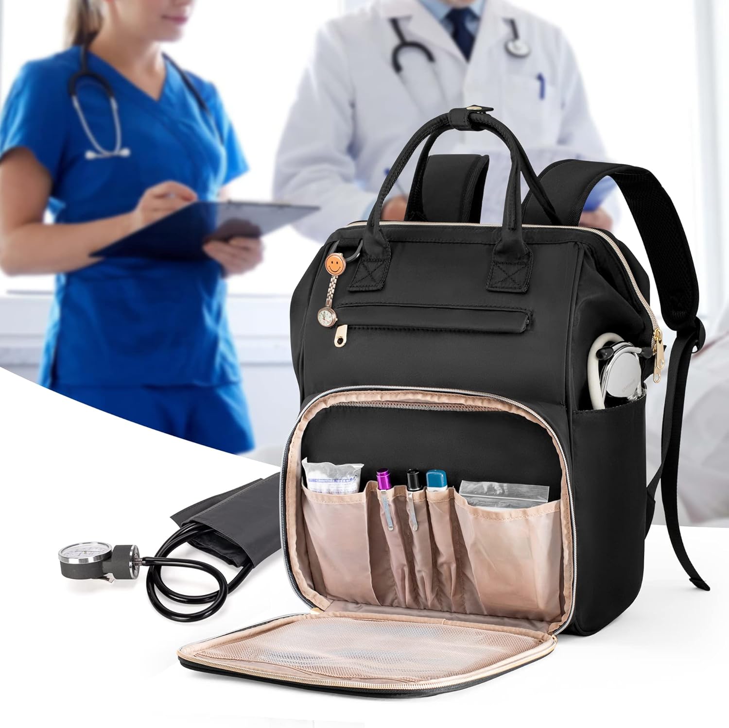 Fasrom Nurse Backpack with Padded Laptop Sleeve for Medical Supplies Storage, Nursing Clinical Work Bag for Women Nurses, Nursing Students, Health Professionals, Black (Empty Bag Only) - Image 8