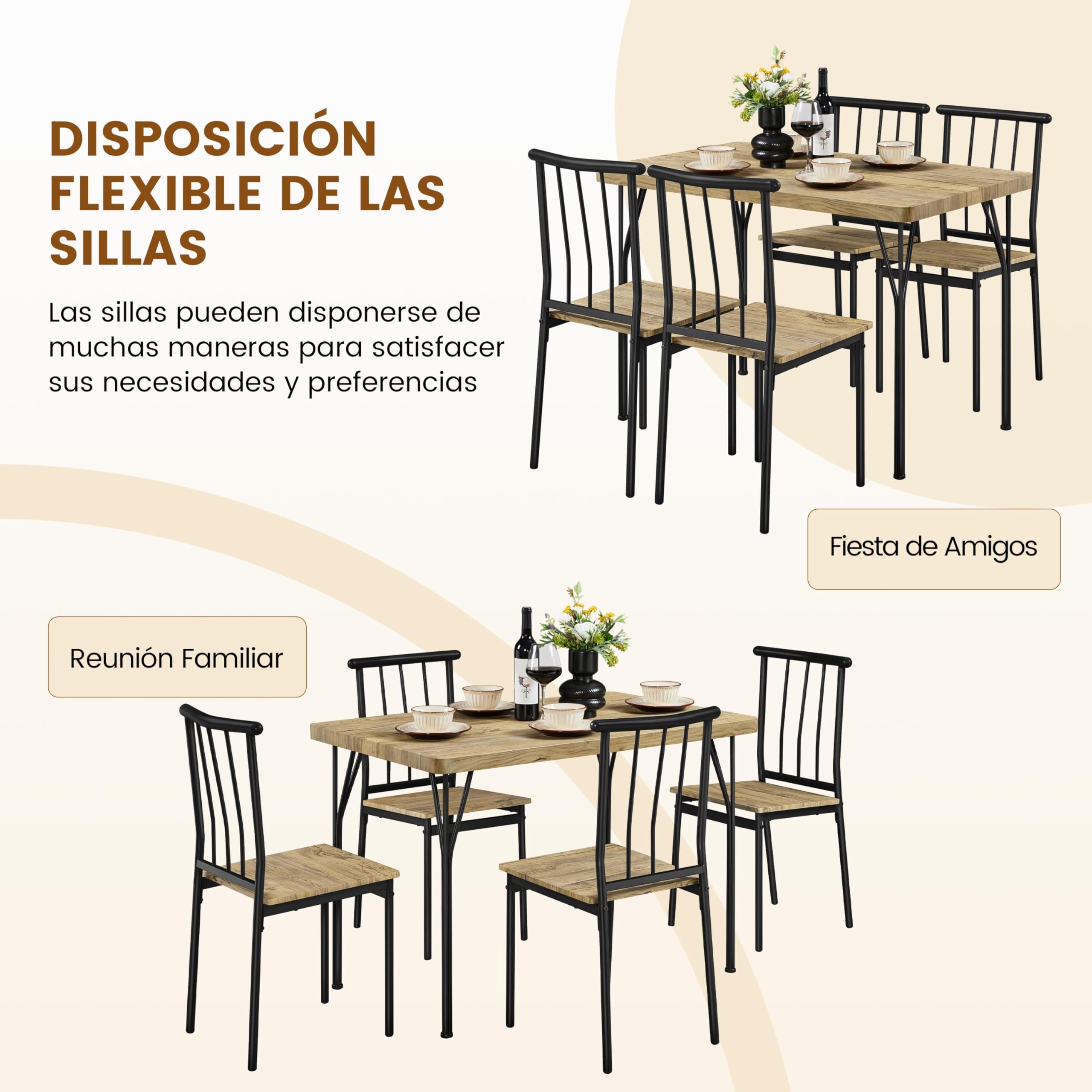 Yaheetech Conjunto Mesa y 4 Sillas de Comedor Tablero de 4 cm, Sillas Apilables, Estilo Industrial, Madera y Metal, para Cocina Pequeña, Apartamento o Terraza, Marrón, 110×70 cm