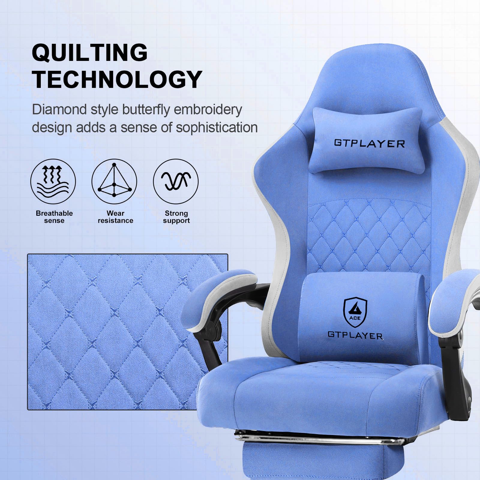 GTPLAYER Silla para Juegos, Silla de computadora con reposapiés y Soporte Lumbar, Silla de Juego Ajustable en Altura con Asiento Giratorio de 360° y reposacabezas para Oficina o Juegos, Color Azul