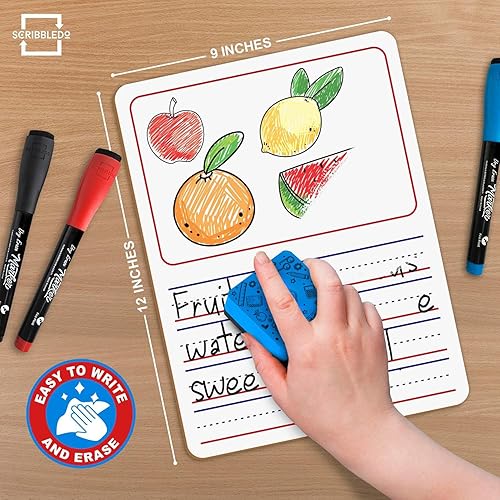 Miniatura 6 de Scribbledo Paquete de 10 pizarras blancas de doble cara de 9 x 12 pulgadas con forro de historias para niños, tablero de escritura para práctica,