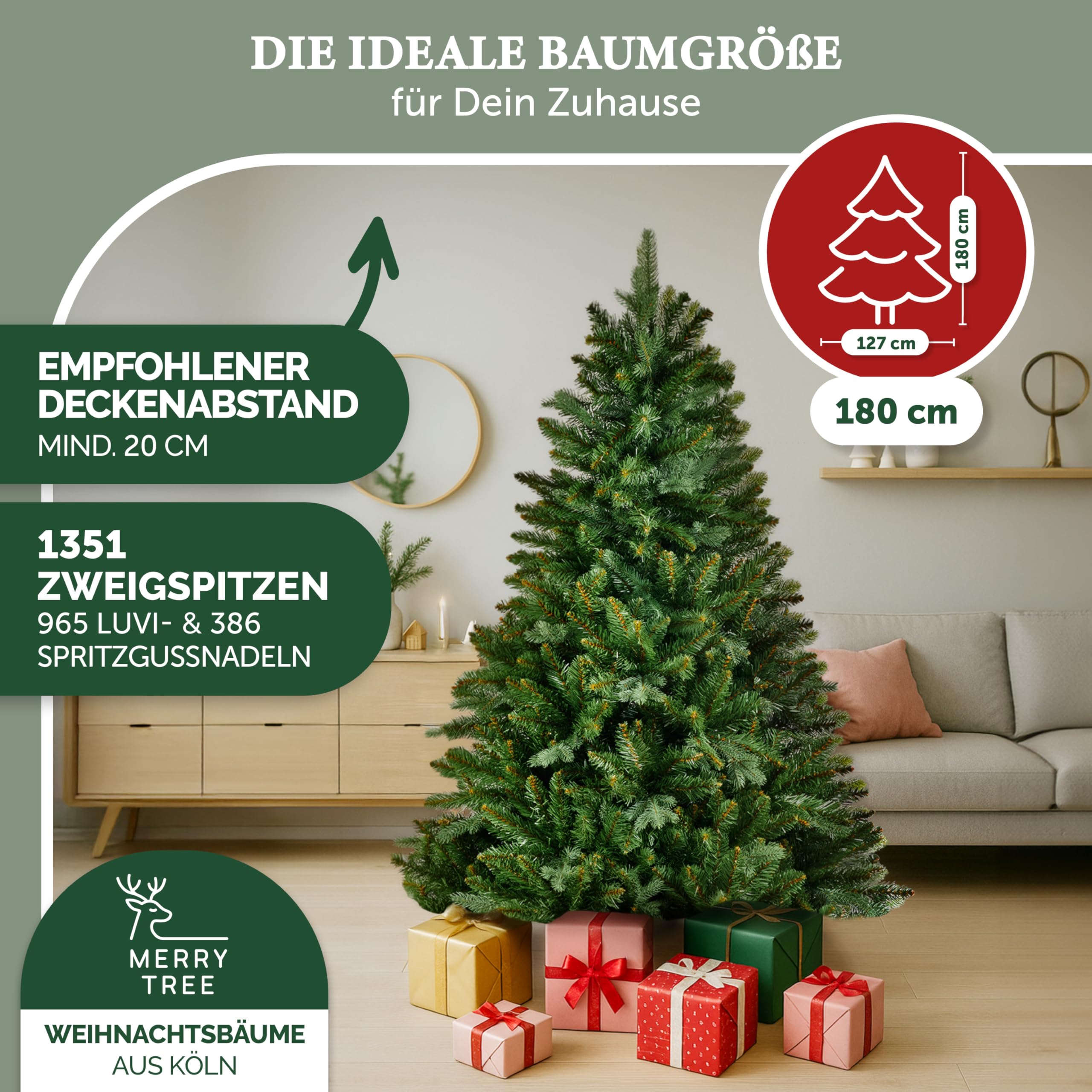 Premium künstlicher Weihnachtsbaum 180cm - großer Weihnachtsbaum Spritzguss Mix aus naturgetreuem PE + PVC + edlen Holzfuß - Stamm im natürlichen Look - Tannenbaum künstlich - Nordmanntanne
