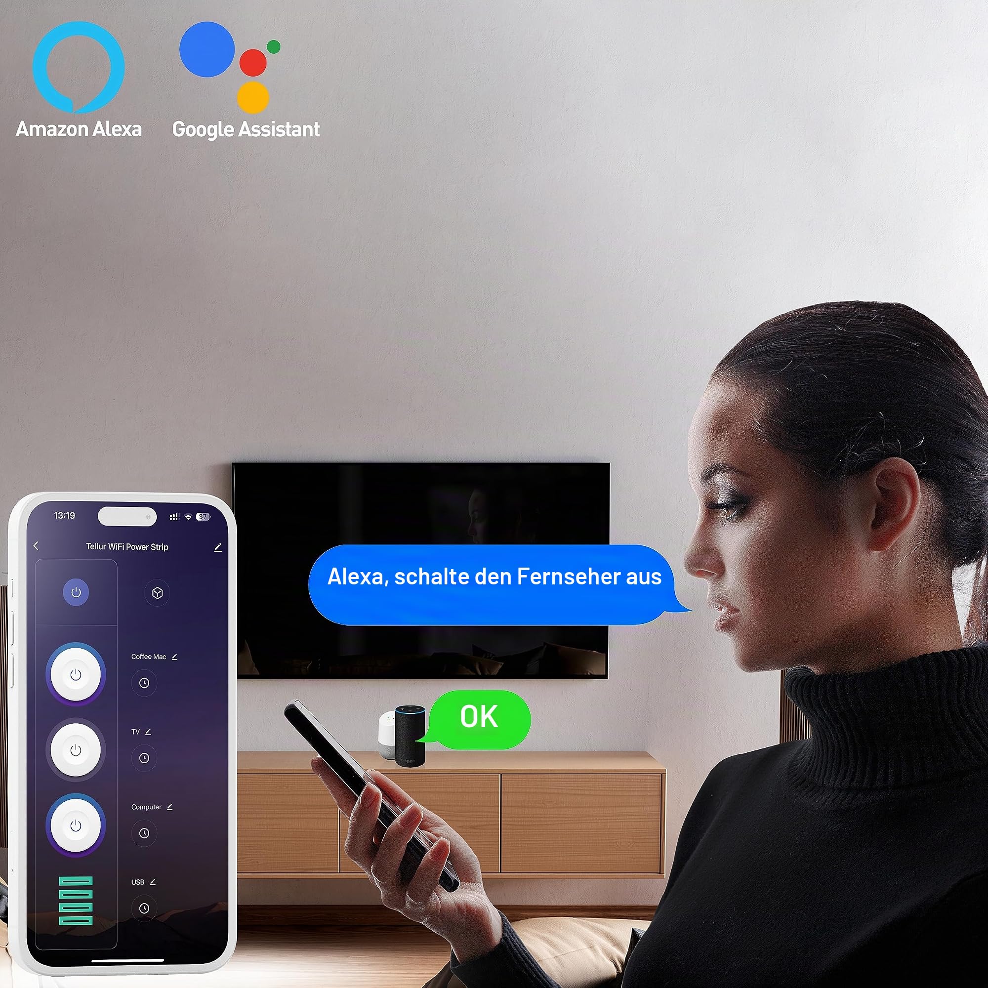 TELLUR SMART WLAN Steckdosenleiste, WLAN Mehrfachsteckdosen Alexa, WLAN Steckdose Kompatibel mit Alexa, Google, Tuya, SmartLife 3 x Steckdosen, 1 x PD30W, 1 x USB QC18W 2 x USB 2.4A, 2m Kabel, 2500W