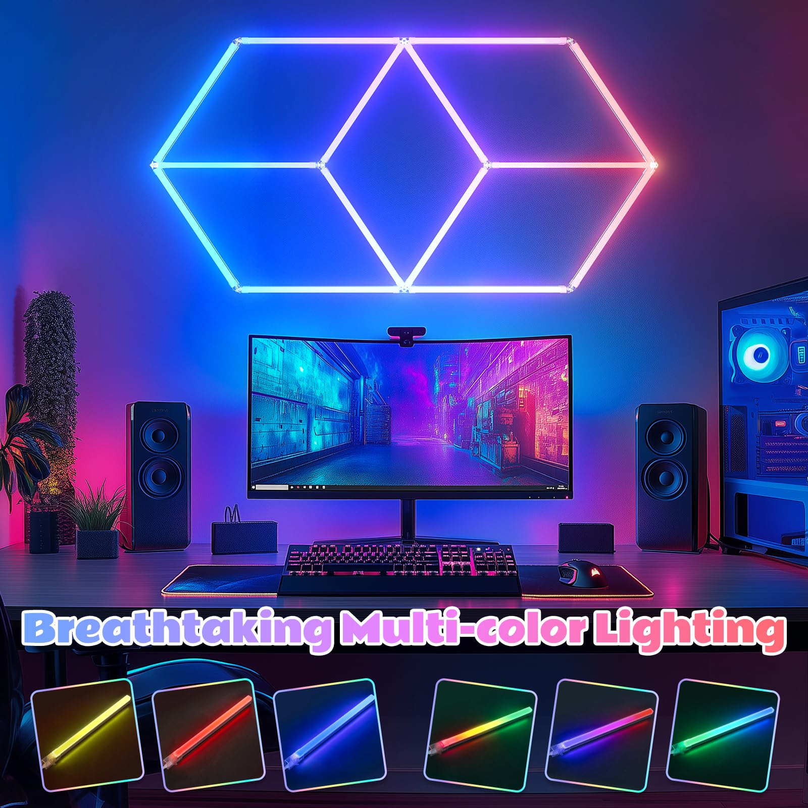 Luci da garage esagonali RGB – LED multicolore con dimmerazione, controllo della velocità, perfette per configurazioni di gioco, bar domestici, studi musicali, illuminazione fai da te per la casa e la
