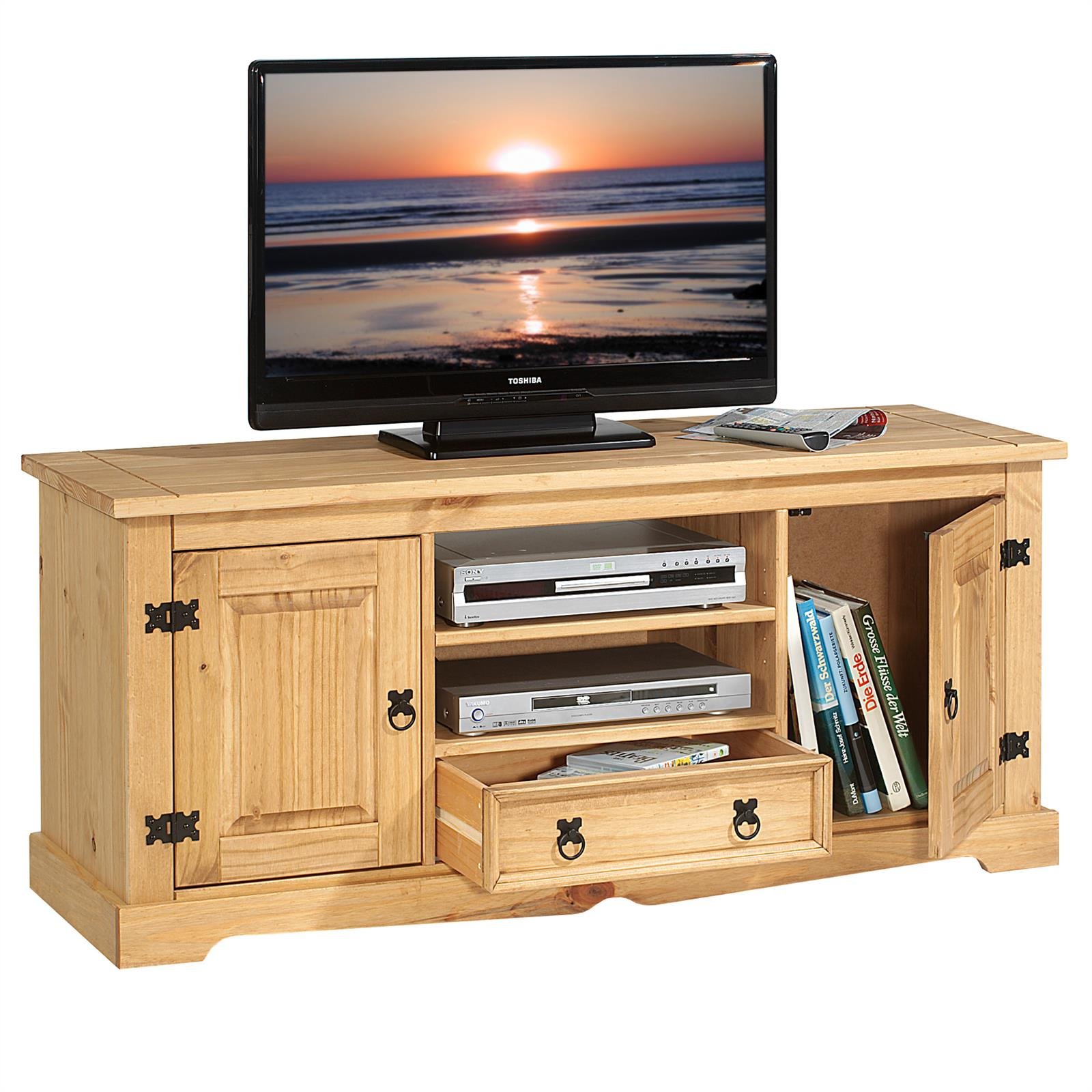 IDIMEX Lowboard Tequila 140 cm, Braun - TV Schrank aus Kiefer Massivholz, Fernsehtisch im Mexiko Stil, 2 Türen, Schublade und offenes Fach, Rustikaler Landhausstil