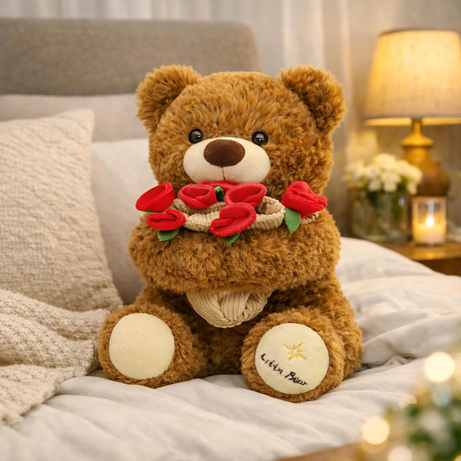15 in Bouquet Teddy Bear Plush Toy, Rose Plush Bouquet, Romantic Flower Hat Bear Stuffed Plush, Perfect as a Birthday, Holiday for Boys and Girls (Brown - Large)