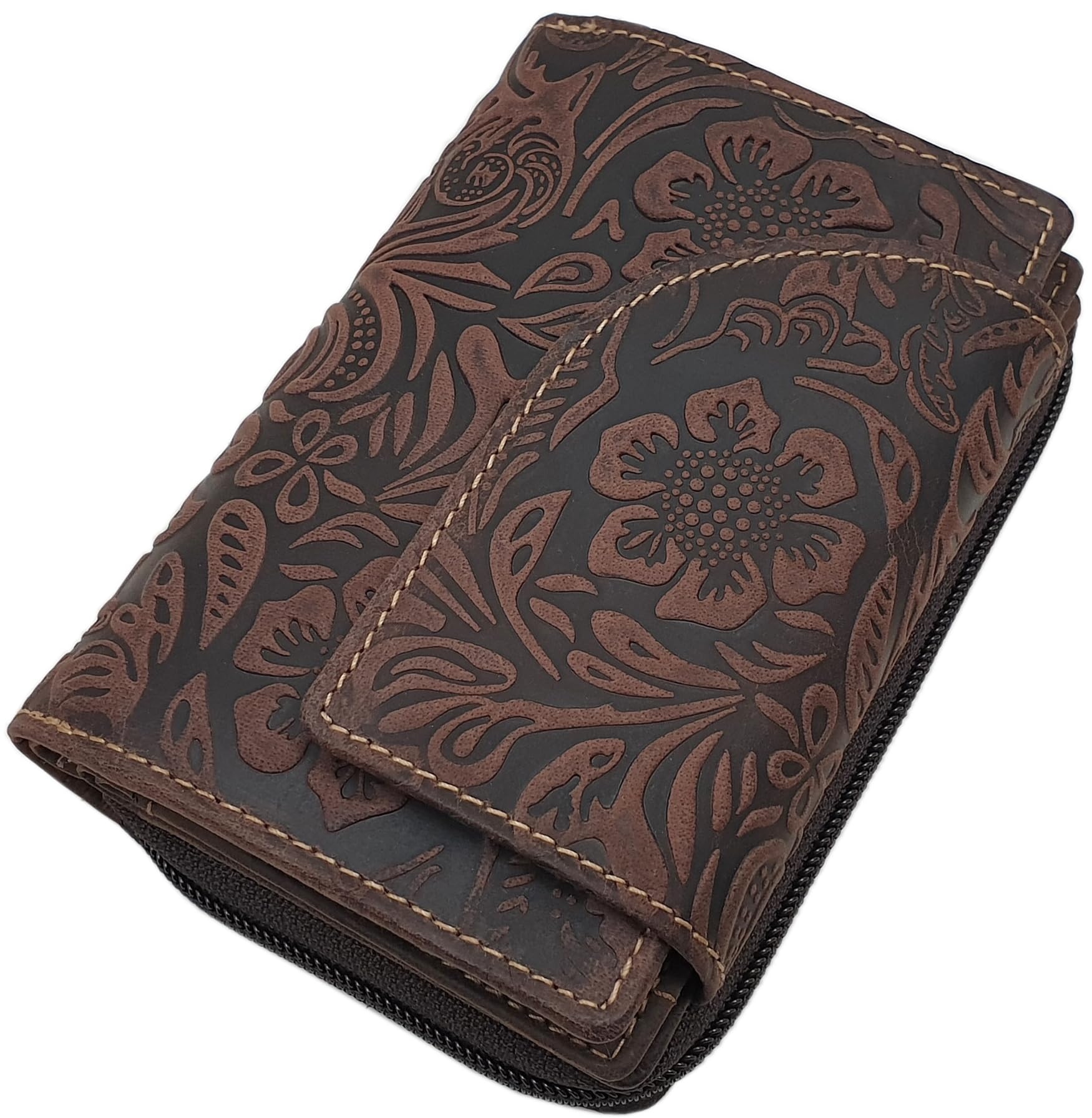 myledershop Cartera de piel de búfalo para mujer, formato vertical, con cierre exterior con estampado de lianas y protección RFID y NFC, marrón, Einheitsgröße, Moderno
