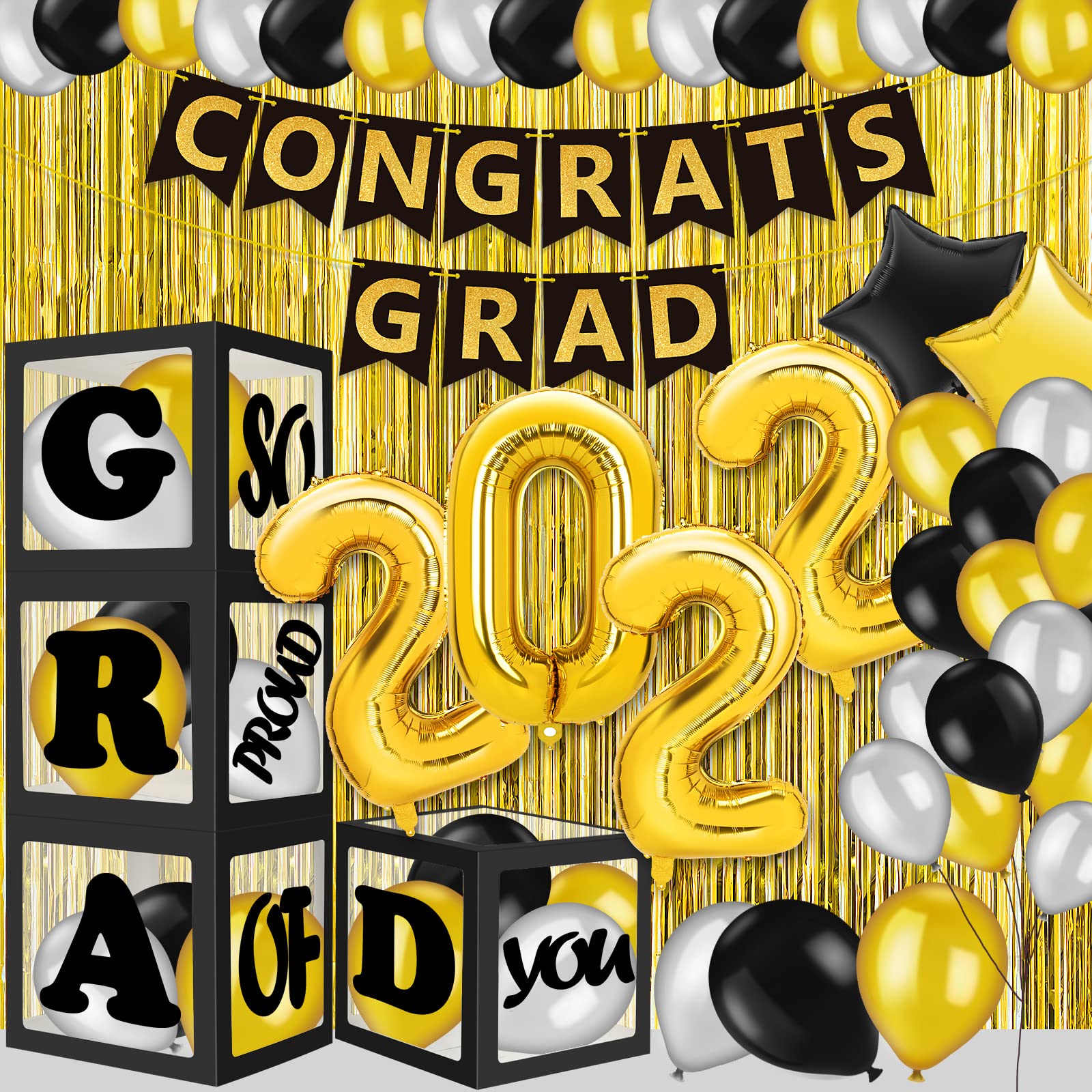 V-Opitos 2023 Graduation Party Decorations Kits, Black and Gold Graduation Decorations with Light Balloons Boxes, Balloons and Banner, Ideal Congrats Grad Decor for High School, College