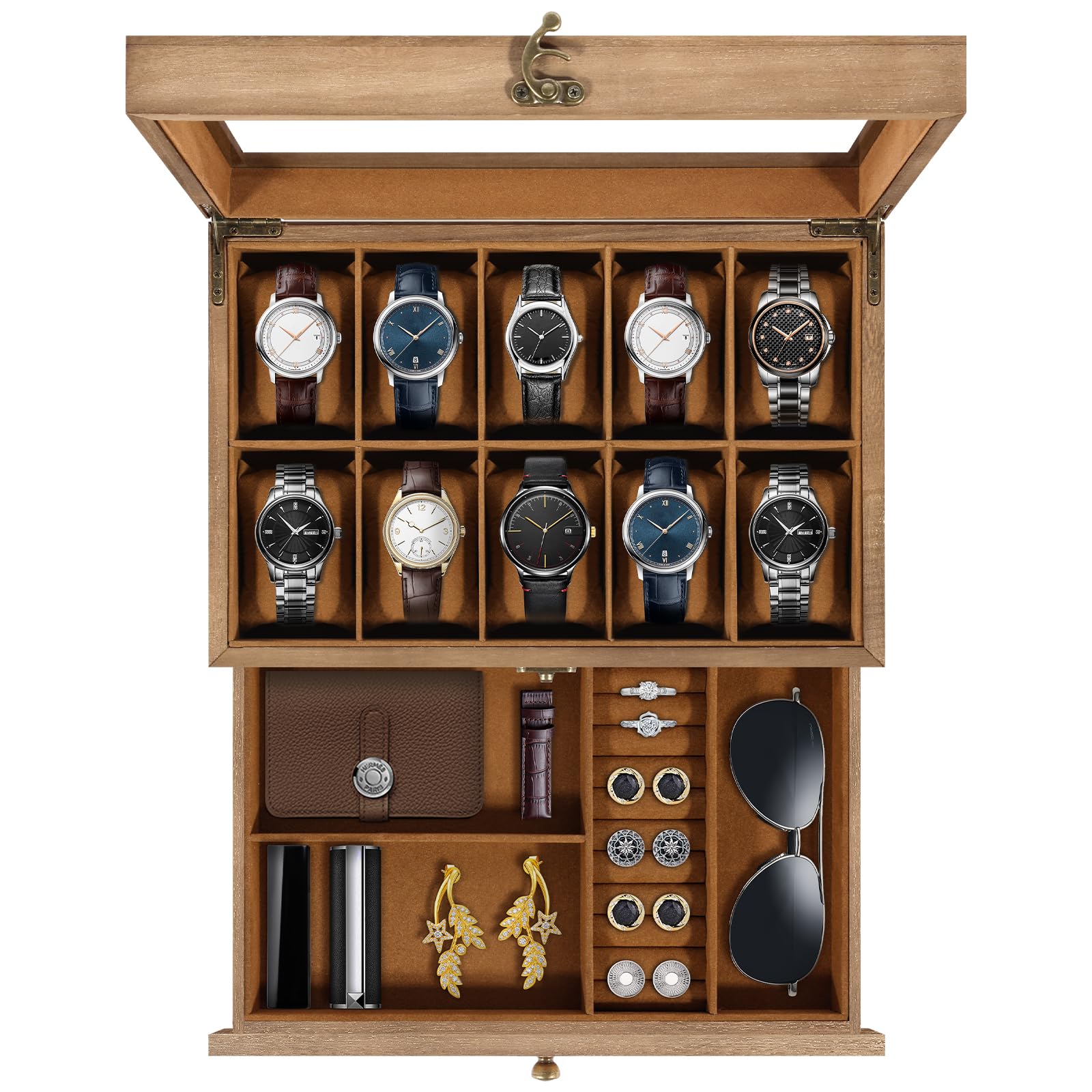 Uten Watch Box 10 Slots, 2-Tier Solid Wood Watch Case with Glass Lid, Metal Clasp, Watch Display Box for Men and Women, Removable Silk Cotton Pillow, Brown Lining, Jewelry Storage Box, Gift Idea