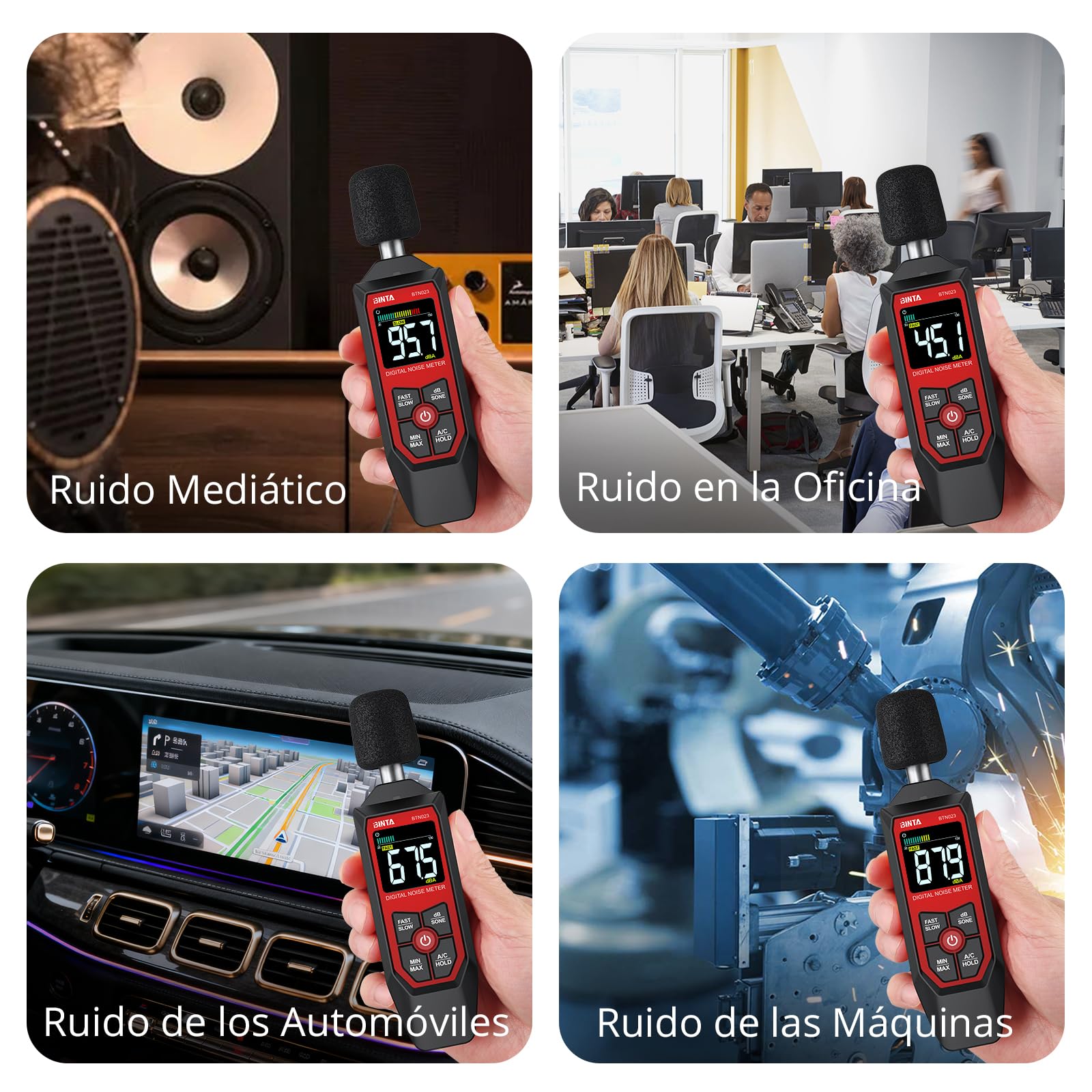 BINTA Medidor Decibelios Decibelímetro Sonómetro Medidor Digital de Nivel de Sonido con A/C Ponderación, Rango 30-130dB,Max/Min, Unidad dB/SONE, Retención de Datos para Casa Oficina Fábrica Vecino