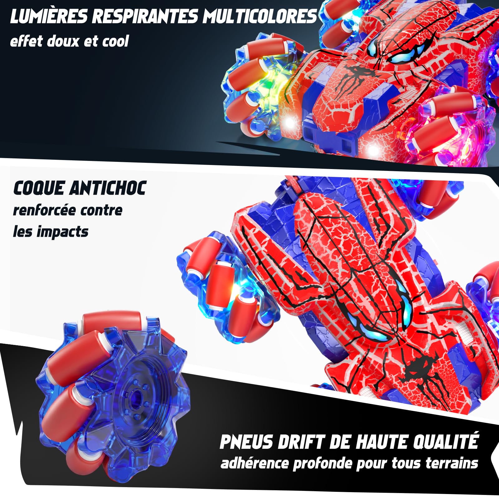 Spider Voiture Télécommandée avec Détection de Gestes, Jouet Enfant Idéal pour 4 5 6 7 8 9 10 11 12 Ans, Voiture RC Double Face avec Éclairage Complet (Rouge)