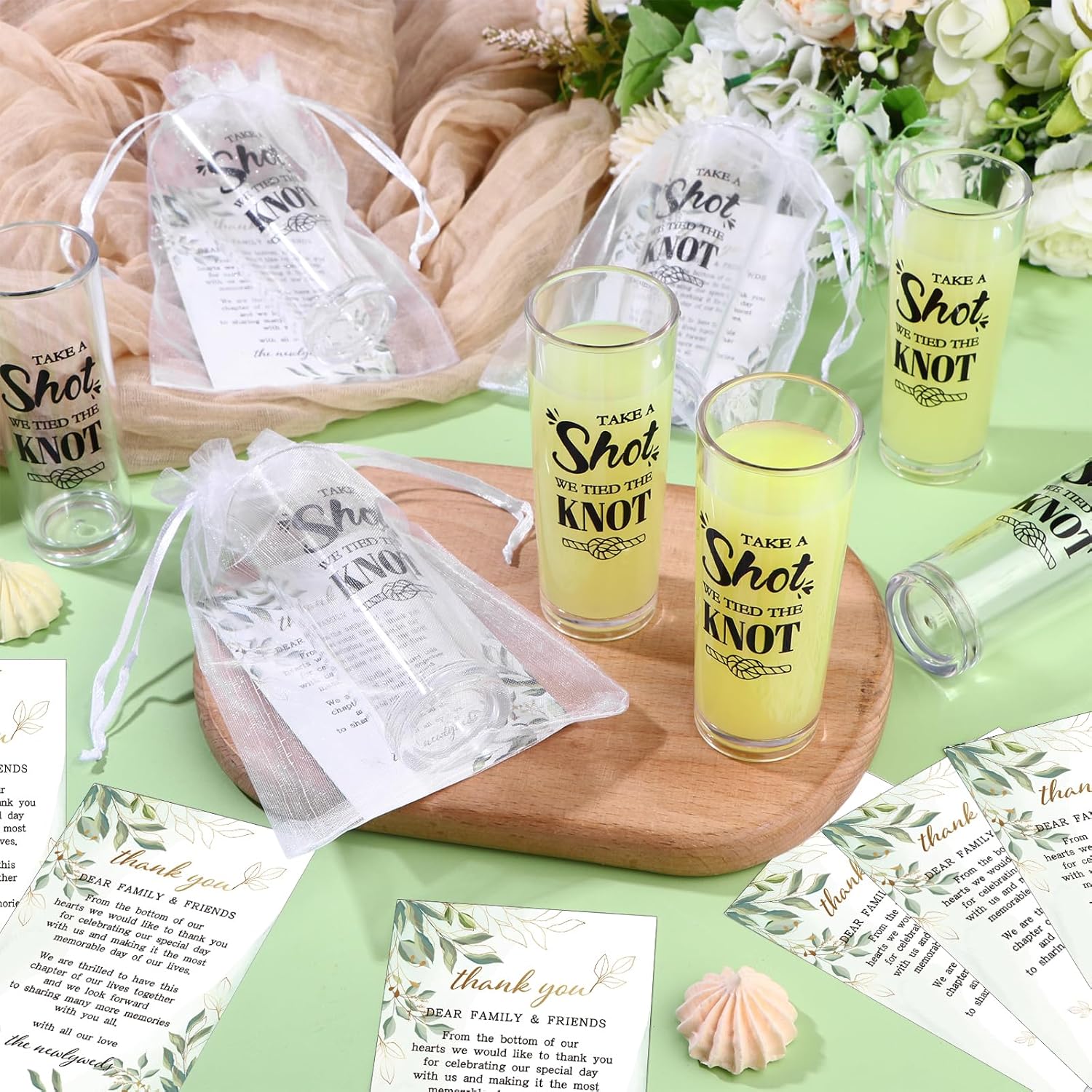 36 Sets Wedding Acrylic Shot Glasses 2oz Wedding Tall Glasses Take a Shot We Tied the Knot Clear Plastic Glasses with Thank You Cards Organza Bags for Guest Newlyweds Bridal Shower Gifts
