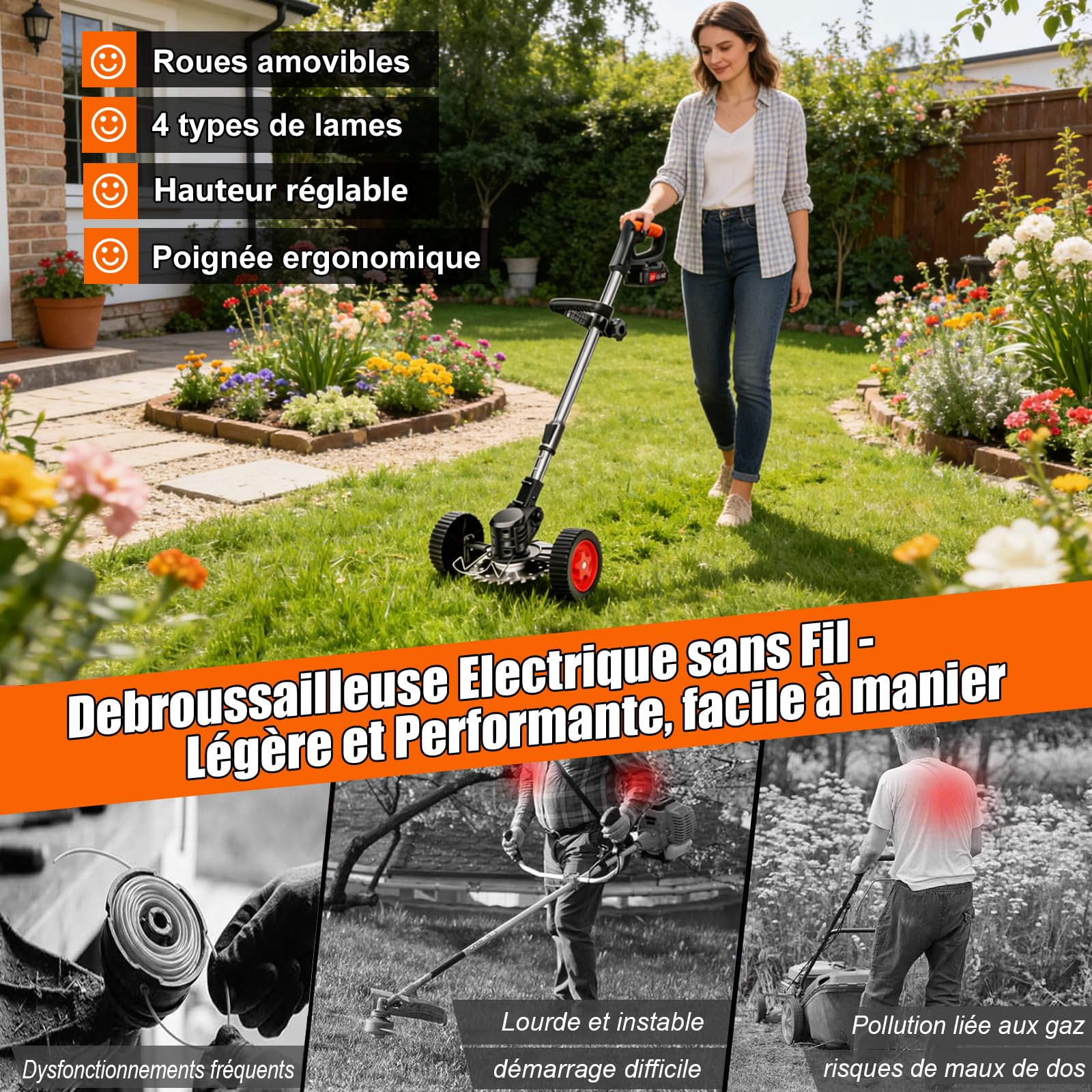 Débroussailleuse Électrique sans Fil 21V, Coupe-Bordure avec Batterie et Chargeur Rapide, 4 Lames, Roue