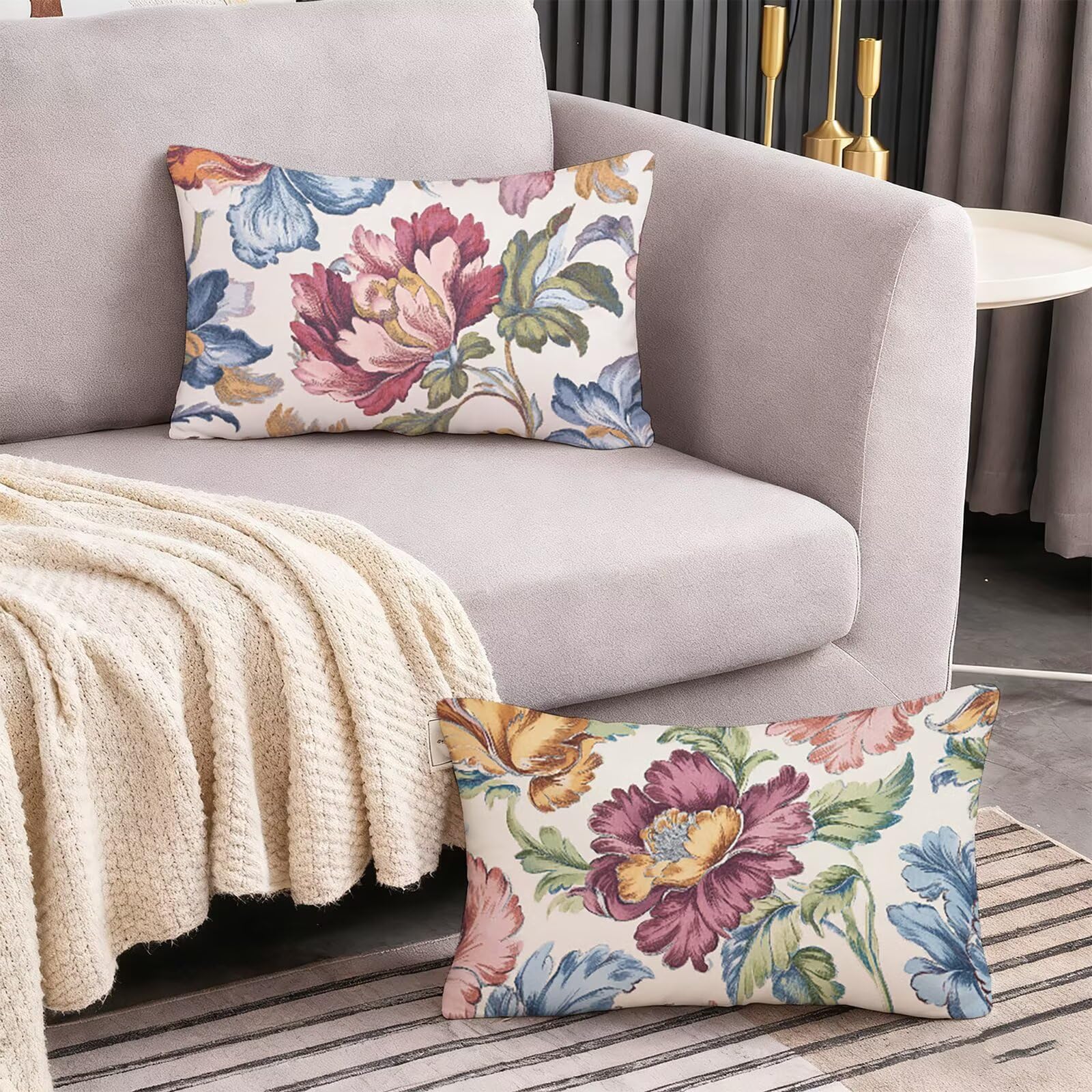 Kwiaty poszewki na poduszki 70 x 90 lniane poszewki na poduszkę zestaw 2 sztuk, poszewka na poduszkę w stylu retro, miękka, oddychająca poszewka na poduszkę na sofę zewnętrzna do ogrodu, z
