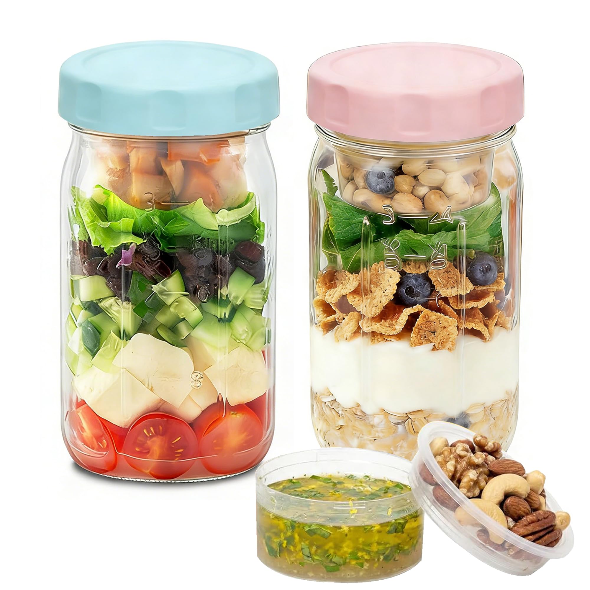 Wieerda Glass Salad Jars with Lids, 32 oz Salad Container with 2 Built-In Compartments, Yogurt Pots for Dry-Wet Separation, Breakfast Pots for Yogurt Cereal Fruit, Glass Mason Jars for Salad (2 Pcs)