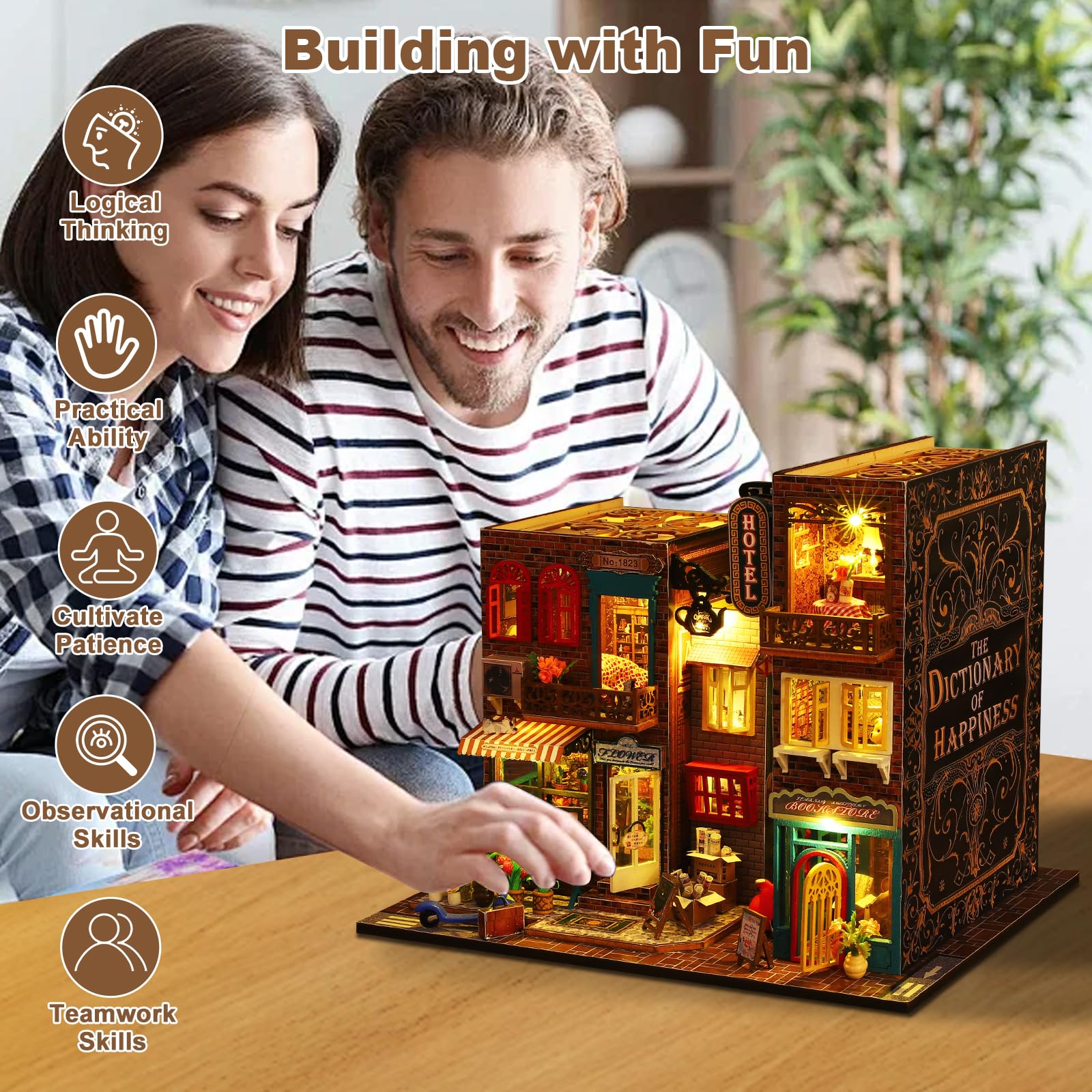 Scarborough miniaturowy domek do budowania, mały drewniany model 3D, mini domek dla lalek, regał na książki, dekoracja z pyłoszczelną pokrywą i pozytywką, kreatywny projekt rzemieślniczy dla