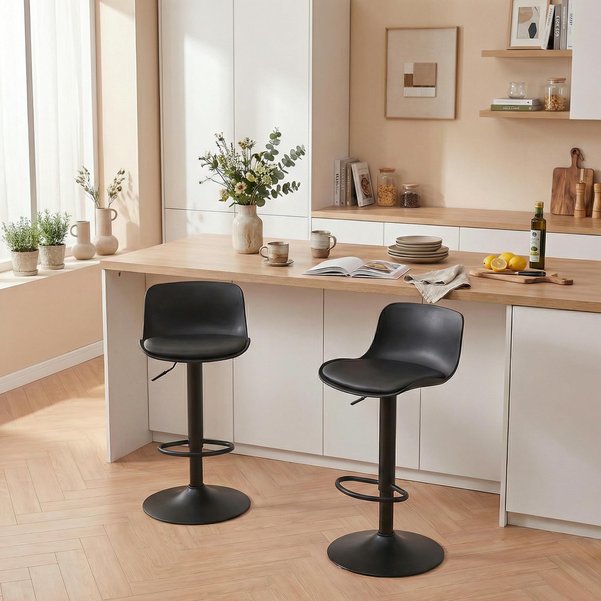 YOUNIKE Barhocker 2er Set Schwarz, Höhenverstellbarer Dreh-Barstuhl mit Rückenlehne, Hohe Barstühle als Küchenstuhl Tresenstuhl, Praktische Barhocker für Bartheke Küche Essbereich