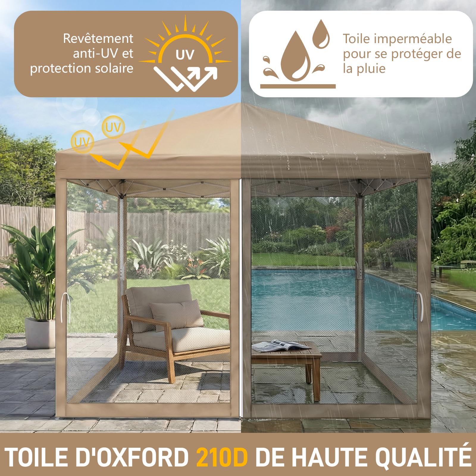 LEADZM Tonnelle Pliable 3x3 m Imperméable Anti-UV 50+, Hauteur Ajustable avec 4 Moustiquaires, Structure Stable, pour Jardin, Terrasse, Camping Et Usage Professionnel,Kaki