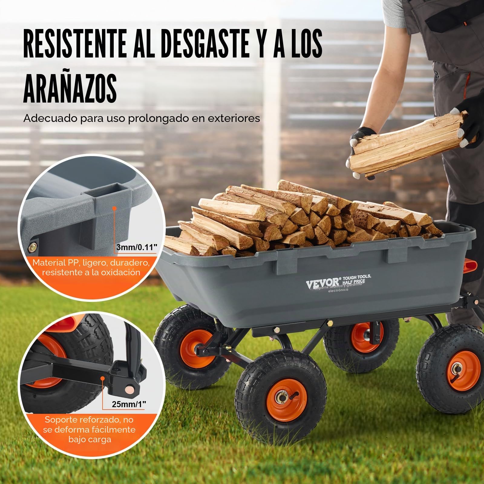 VEVOR Carro Volquete de Polietileno para Jardín con Marco de Acero Fácil de Montar, 2 en 1 Carro Volquete con Mango Convertible, Neumáticos de 255 mm, 363 kg de Gran Capacidad para Jardín, Patio
