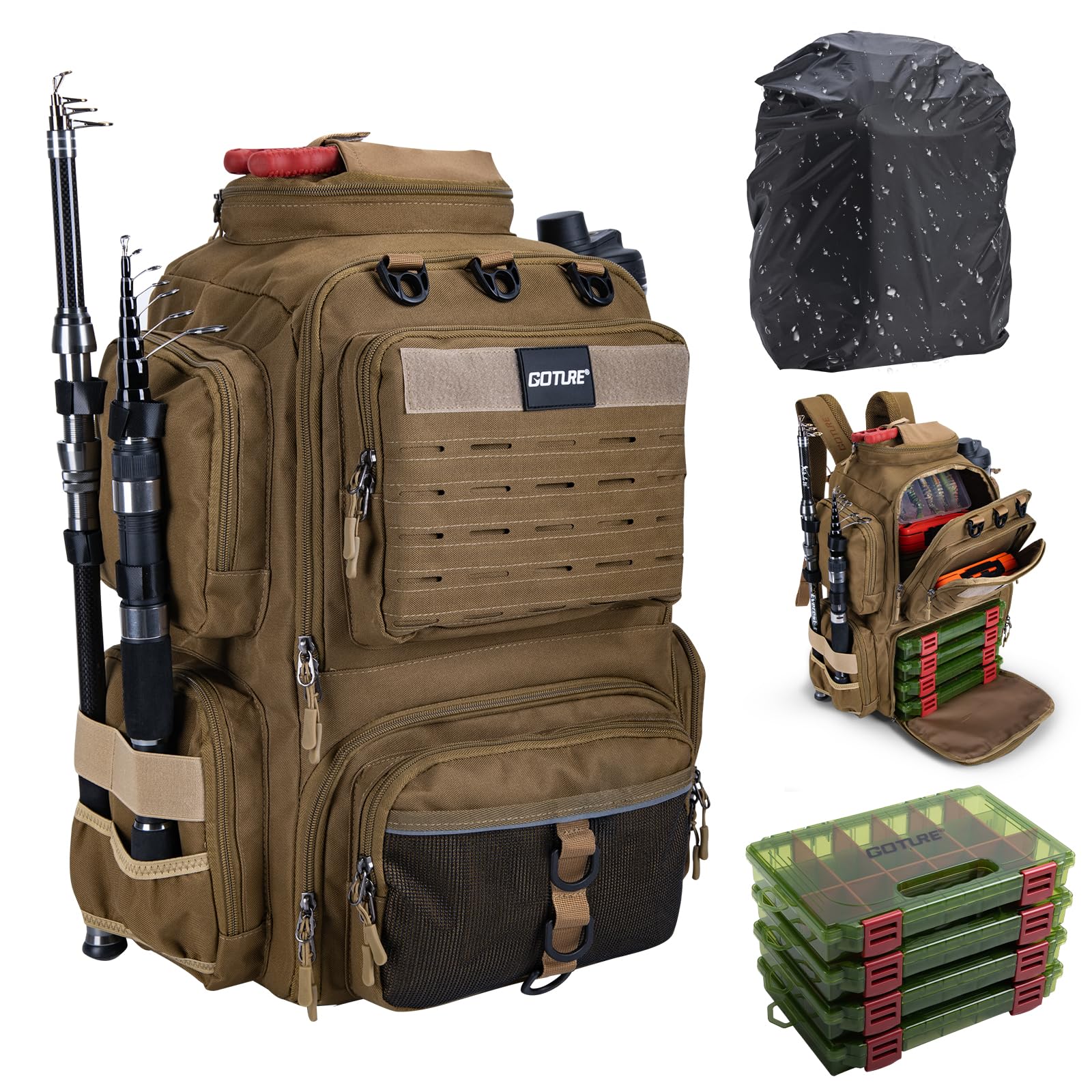 Goture Angelrucksack mit 4 Köderbox Angeln, 45-Liter Angelzubehör-Rucksack mit Zwei Rutenhaltern und Regenschutz, 900D Oxford-Gewebe Wasserabweisende Angelgerätetasche mit verstellbarem Fach