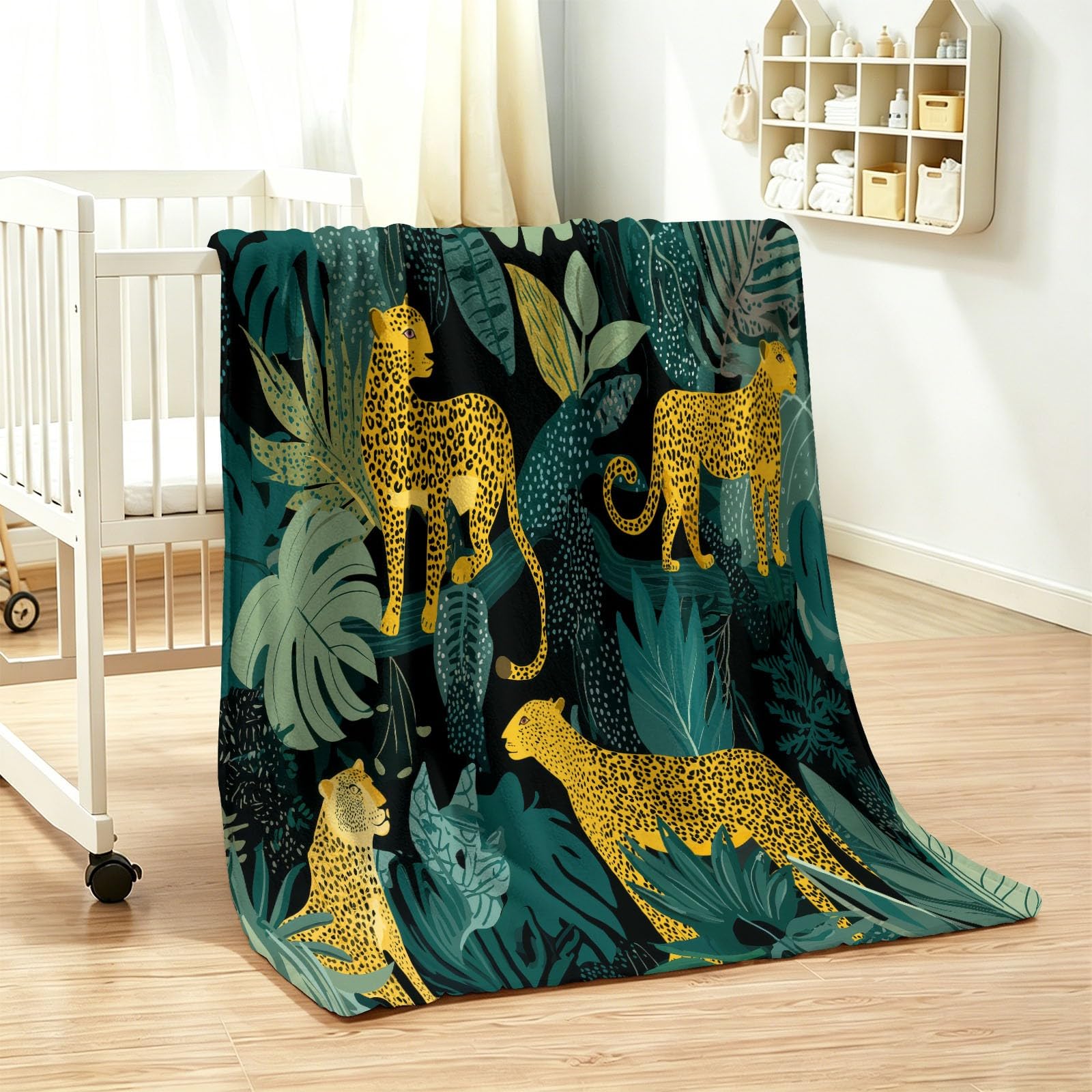 Manta polar con estampado de hojas tropicales de leopardo, mantas de franela, suave y cálido, estampado selva, manta esponjosa para niños adolescentes y adultos, verde oscuro 200 x 200 cm
