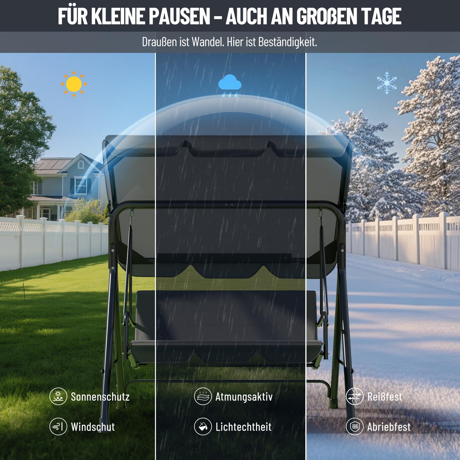 Soontrans Balancelle 3 places Hollywood, moment de famille en toute légèreté, balancelle de jardin avec toit et structure en acier & assise rembourrée, capacité de charge jusqu'à 200 kg, en acier (175