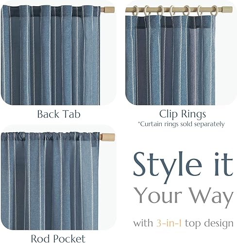 Miniatura 6 de jinchan Cortinas de lino de 63 pulgadas de largo, cortinas azules a rayas para sala de estar, casa de campo francés, cortinas filtrantes de luz con