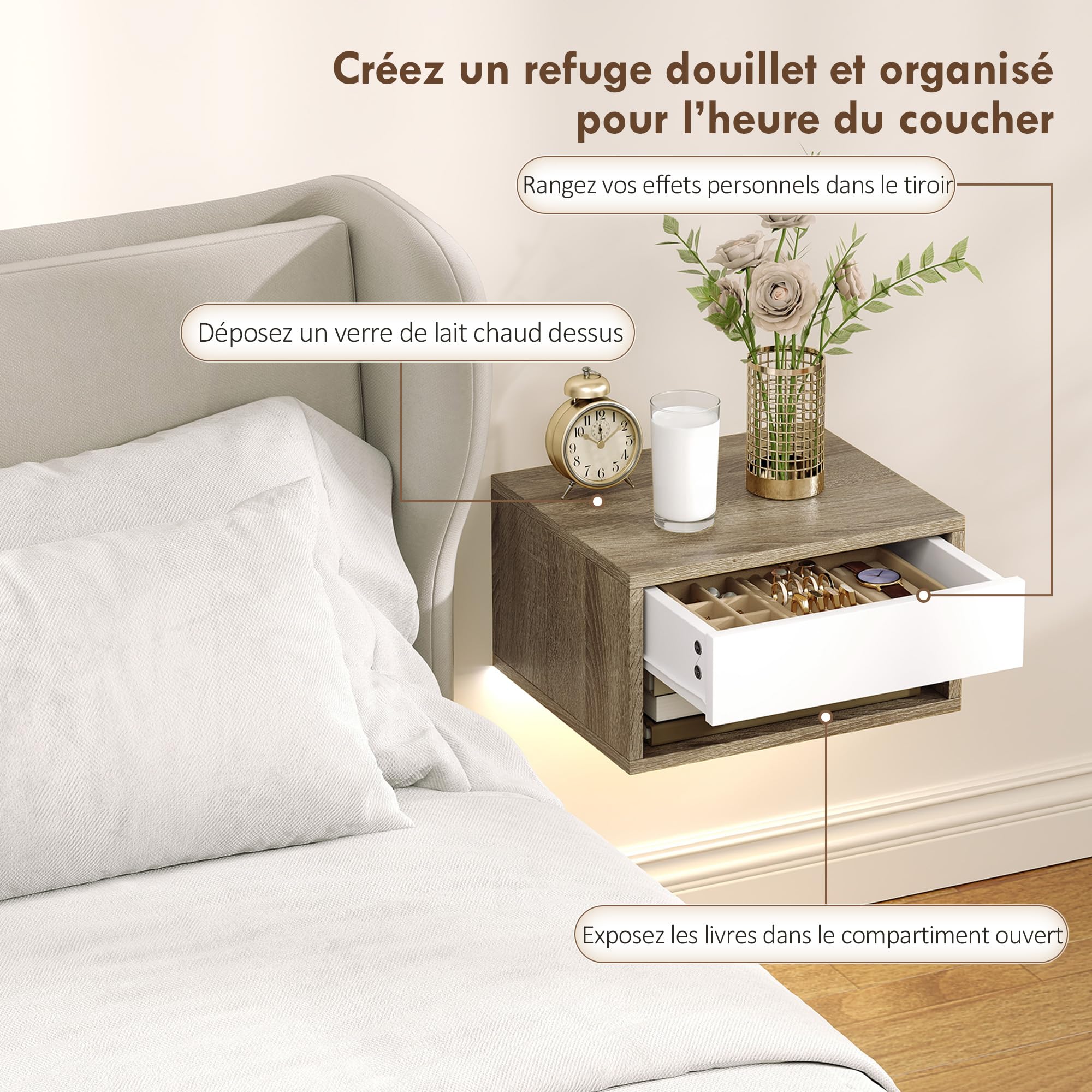 HOMCOM 2er-Set Hängende Nachttische, LED RGB Licht, Teak | App-Steuerung, wandmontierte Nachttische, offenes Fach, 1 Schublade, für Schlafzimmer, Wohnzimmer, 37x32x21cm.