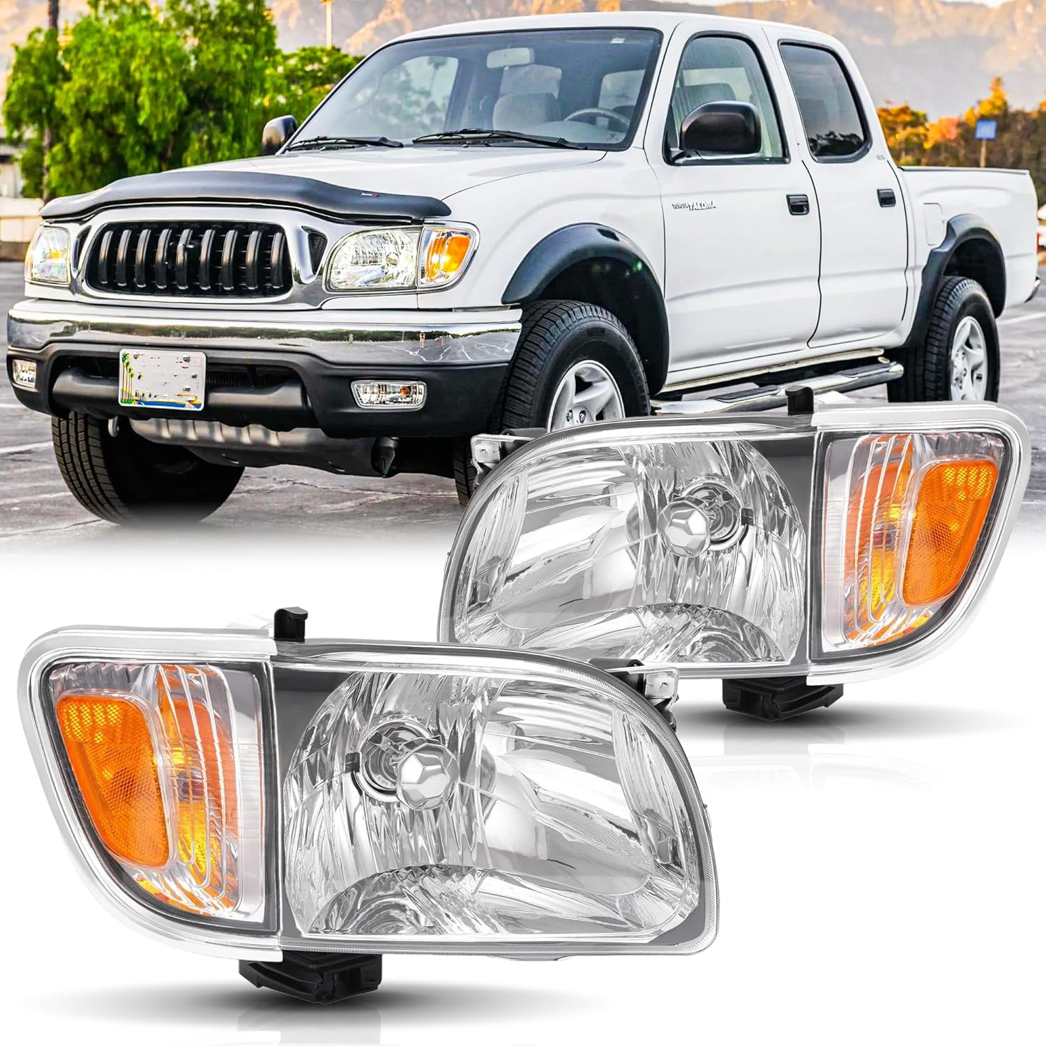 Headlights Assembly Pair for 2001 2002 2003 2004 Toyota Tacoma Pickup Truck Headlamps Head Lights Replacement with Corner Parking Turn Signal Lights Lamps Assembly,Chrome Housing Amber Reflector