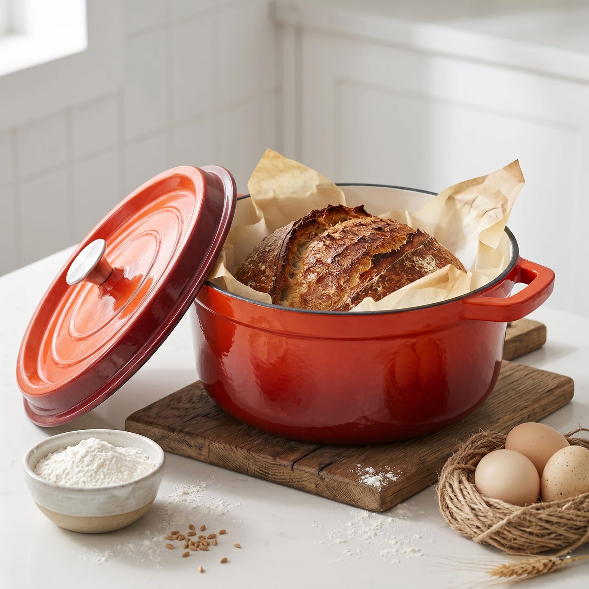 Brotbackform 4L Emaillierter Gusseisen Topf mit Deckel Ø24 cm Schmortopf Bräter Dutch Oven alle Herdarten Induktion Backofen gleichmäßige Hitzeverteilung Cast Iron Pot