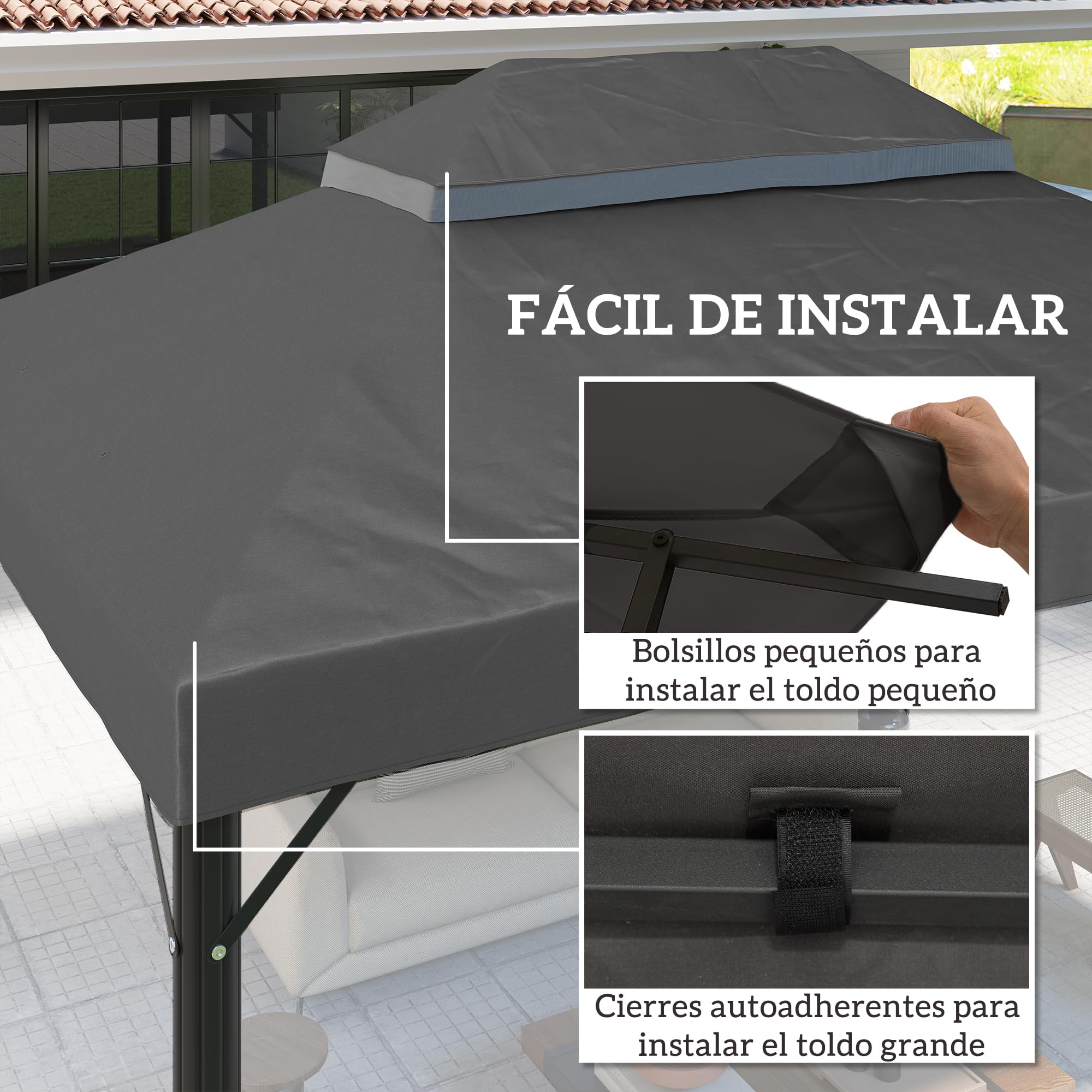 Outsunny Techo de Repuesto para Cenador, 4x3 m, Cubierta de Repuesto con Techo Doble, Orificios de Drenaje y UPF30+, Tela Oxford 600D Impermeable, Solo Toldo de Recambio para Pabellón Gazebo, Gris