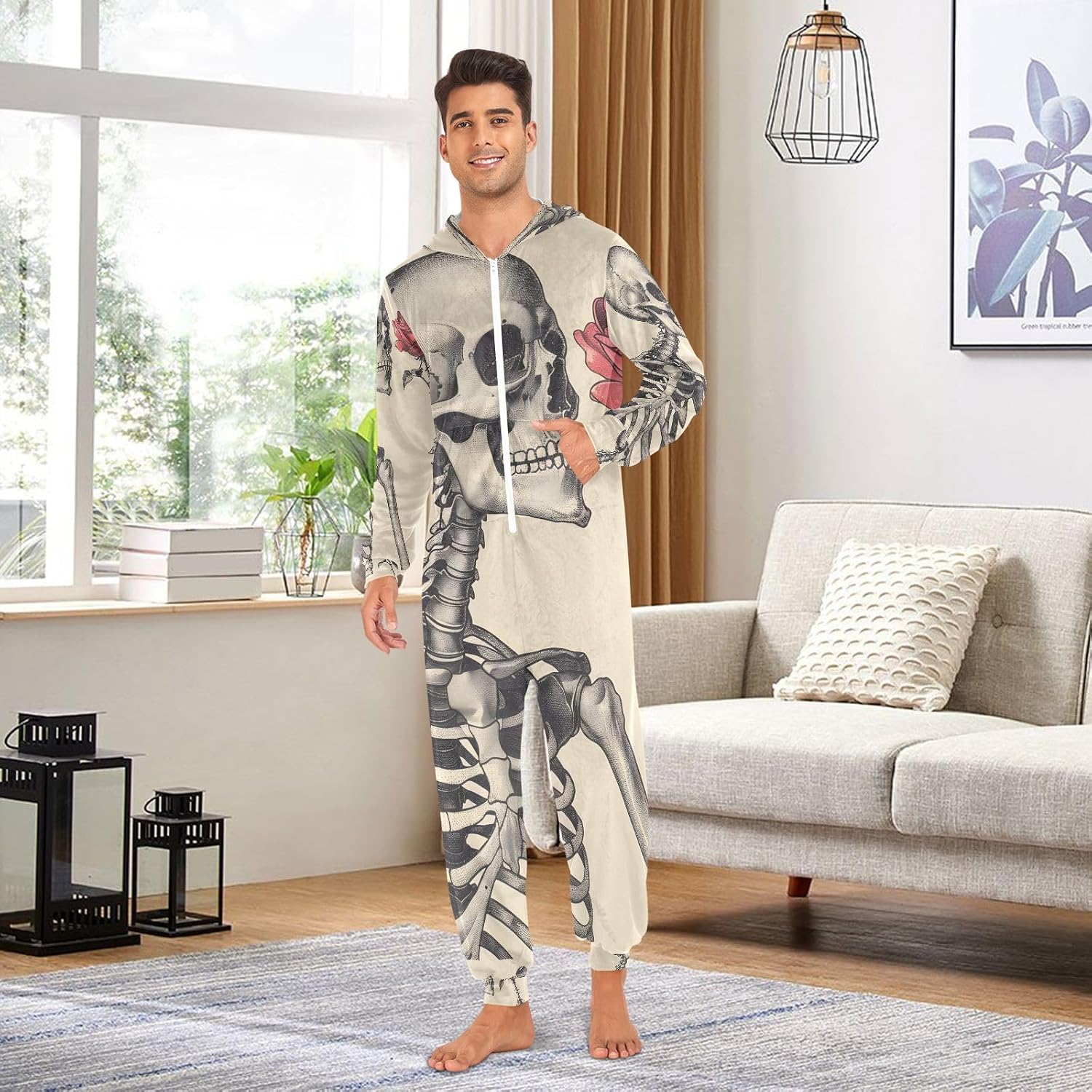 ALAZA Skeleton Rose Skull Adult Onesie Pajamas for Unisex Novelty One Piece Costume Sleepwear
