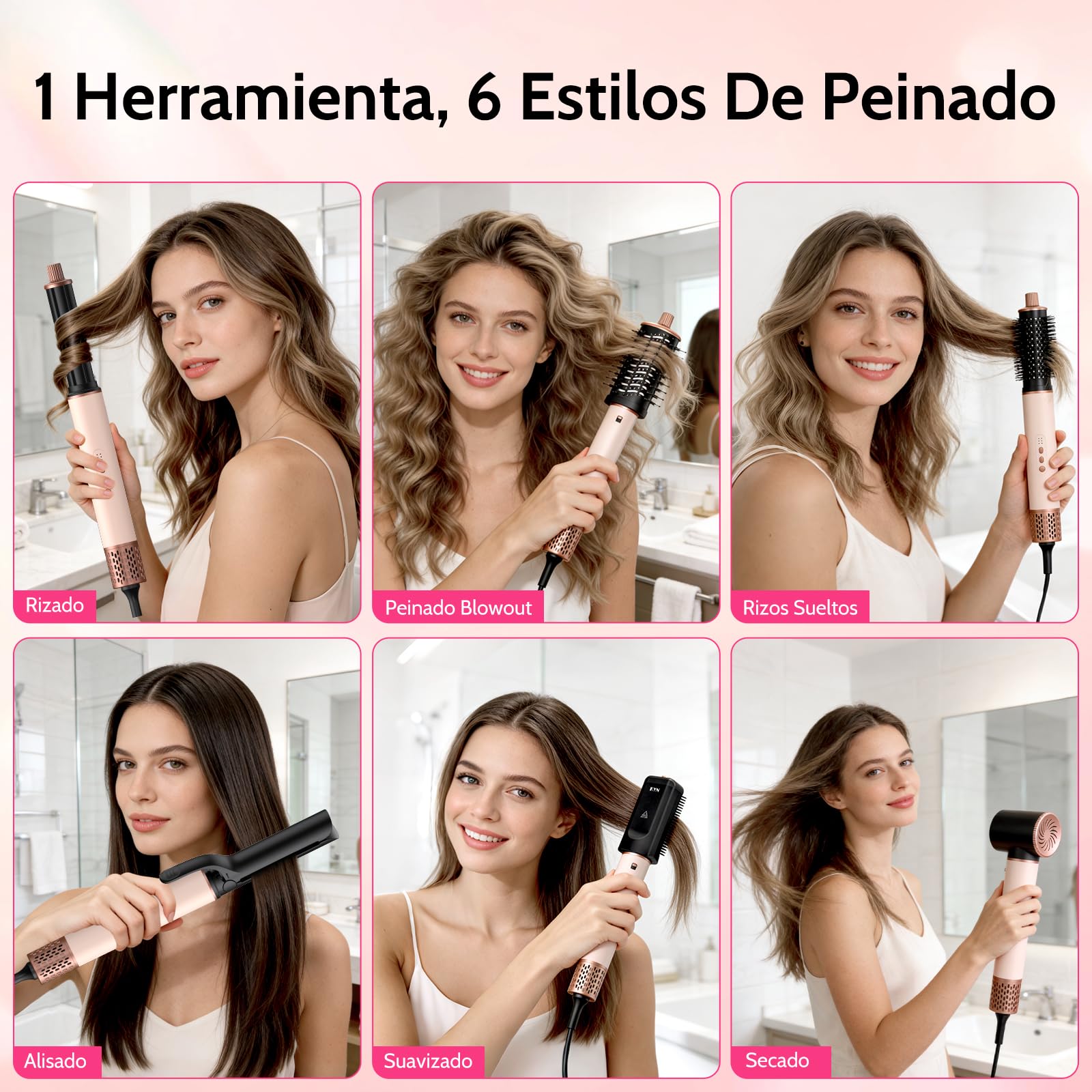 Cepillo Secador de Pelo 6 en 1, Moldeador Multifunción de Alta Velocidad 1400W con Secador Iónico, Rizador Automático, Cepillo de Aire Caliente y Alisador para Alisar, Rizar, Volumen y Viaje | Juego de cepillos para peinar el cabello