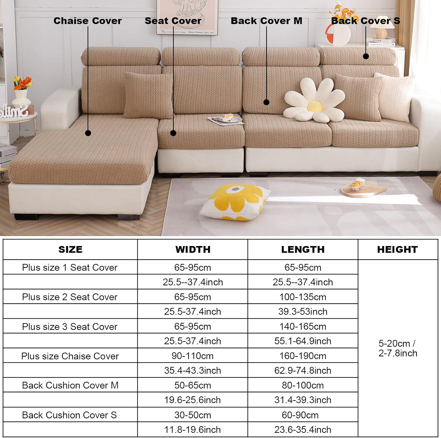 MIFXIN Sofa Cover Stretch Wear-Resistant Couch Cushion Slipcover Anti-Slip Jacquard Elastic Sectional L Shape Sofa Couch Furniture Protector (B-Khaki, Plus Size Chaise Cover)