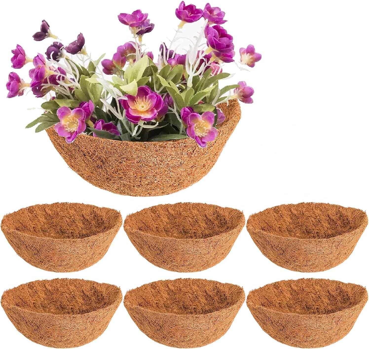 SUNNEE 6 Pcs Hanging Basket Liners 12 Inch Coco Fiber Liners for Planter Flower Pot for Outdoor Hanging Flowers Vegetables,Avoid Birds Nesting (Coco Fiber)