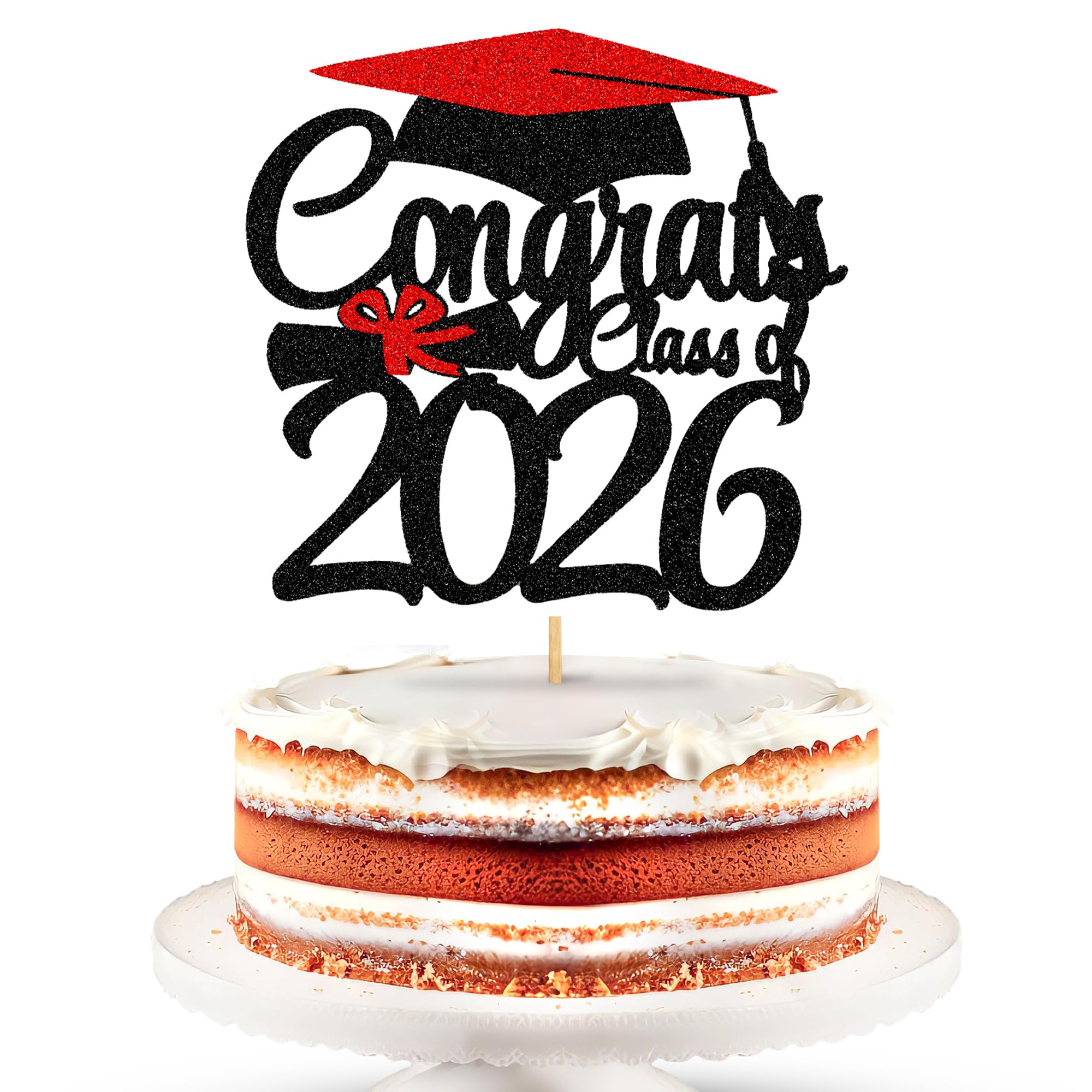 Katchon, Glitter Graduation Cake Topper 2026 - Congrats Grad Cake Topper | 2026 Grad Party Decorations, Red and Black 2026 Graduation Decorations |