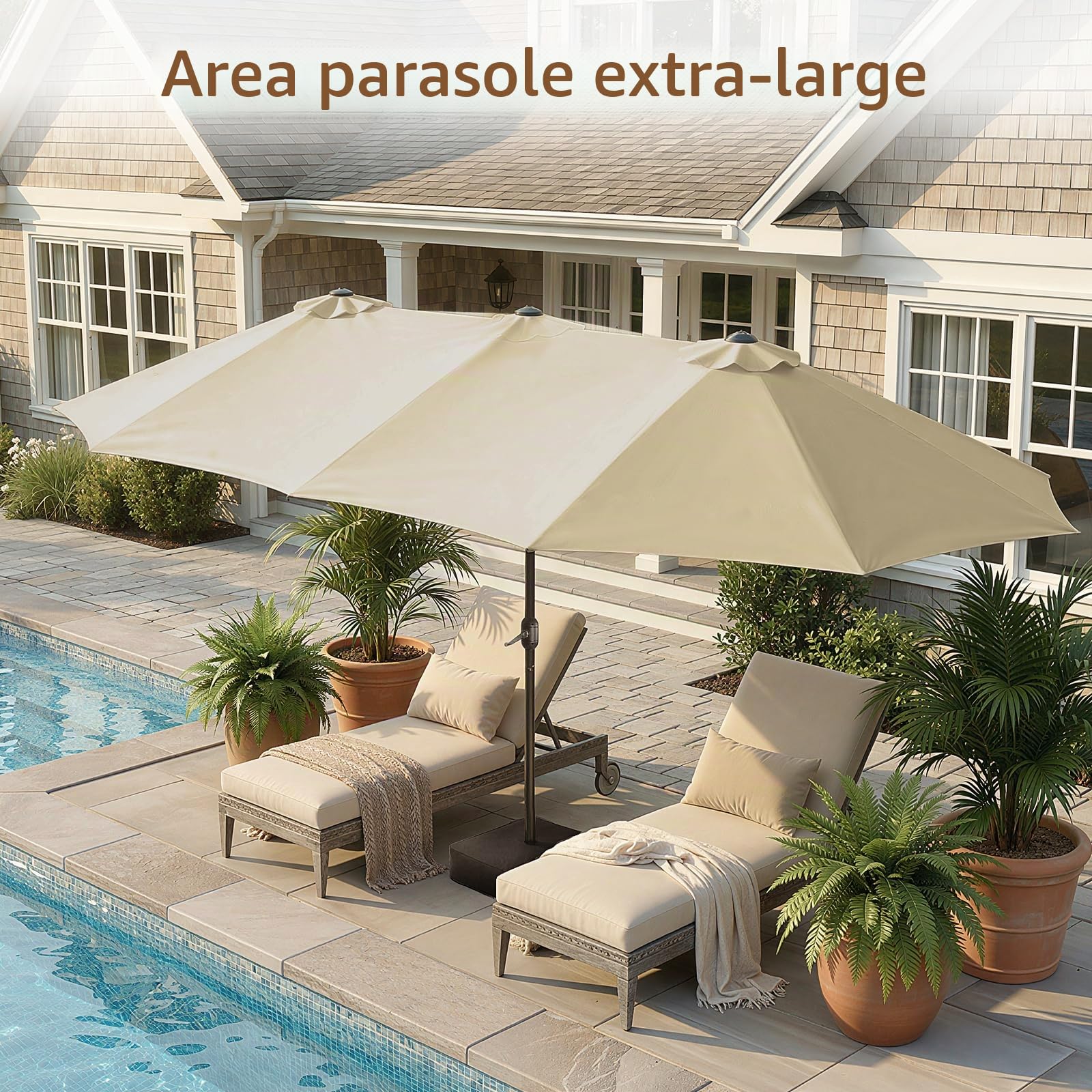 VOWNER Ombrellone da Giardino, Doppio da Patio Rettangolare, con Sistema di Apertura e Chiusura Manovella, con Base & Manovella, 4,4 x 2,6 m, per Giardino, Esterno, Beige