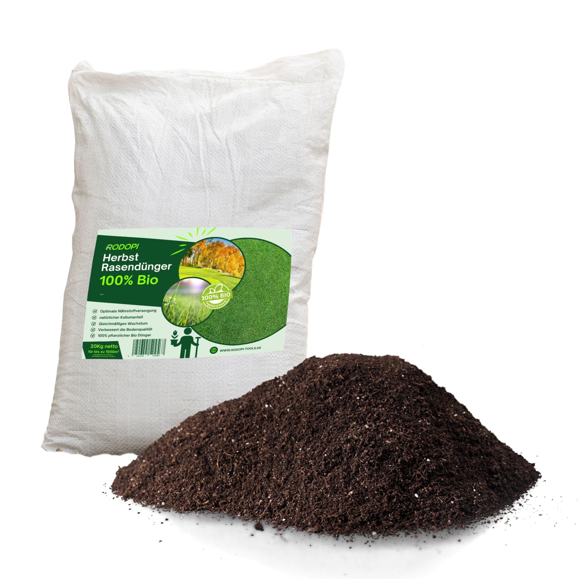 100% Pflanzlicher Bio Rasendünger Herbst 20kg - Kaliumreich, Staubarmes Granulat - Macht Rasen Winterfest, Moosfrei & Gesund - Ideal für Streuwagen, Herbstdünger für dichten, starken Rasen